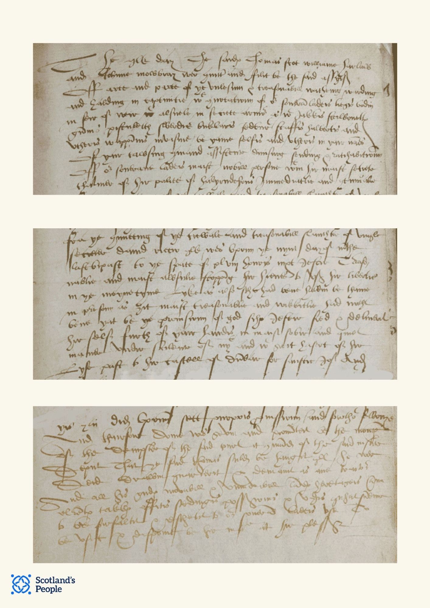 Sheets of handwritten High Court records from 1566, from the trial of Thomas Scot, William Harlaw, & John Mowbray, accused of killing David Rizzio, secretary of Mary, Queen of Scots