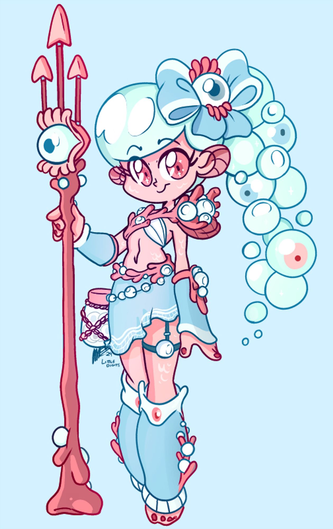 digital image of a femme presenting cartoon gal. She is ocean themed, with coral and pearl armor and bubbley hair in the shape of a ponytail. she has a large bow with an eye in the middle, and she holds a trident in one hand that also has a large eye decorating it. The color scheme is pink, blue and white. 