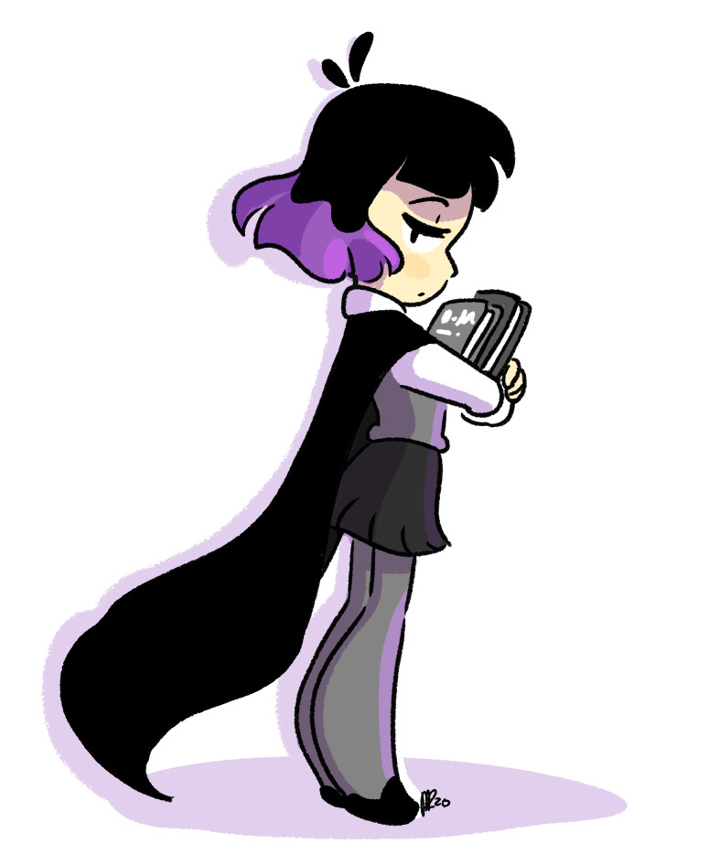 digital illustration of the Librarian from the tv show Hilda in a chibi style. She stands profile , holding some books and looking over her shoulder as her hair and cloak billow mysteriously