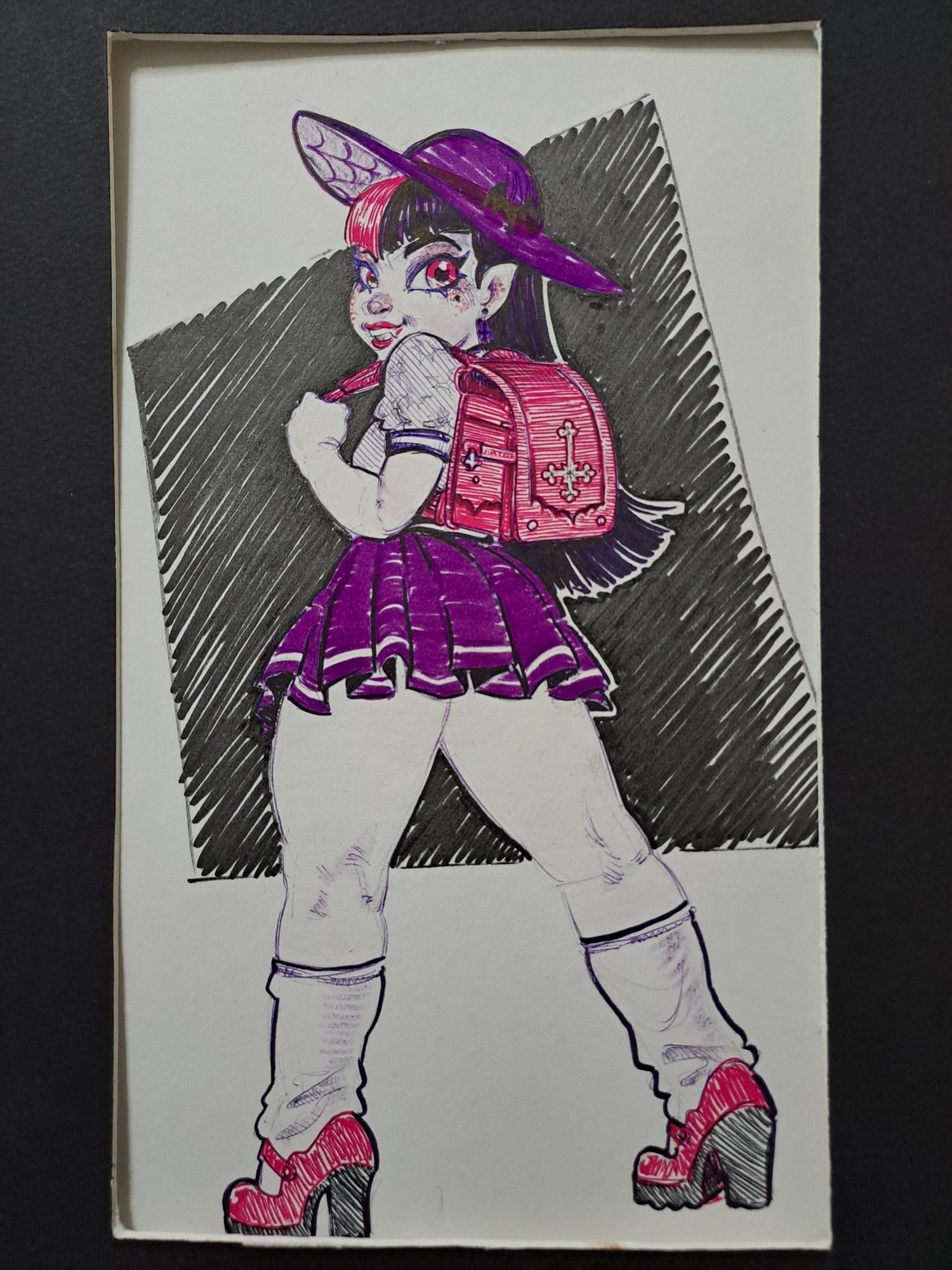 G3 Draculaura dressed in a loosely-inspired Japanese school uniform comprised of a purple pleated skirt, bat-patterned serafuku shirt, purple sun hat, loose socks, and pink platform shoes. She is facing away from the camera but looking in the viewer's direction over her left shoulder, showing off a pink leather randoseru backpack with batwing and upside-down cross details. Drawing is colored glitter pen and sharpie marker.