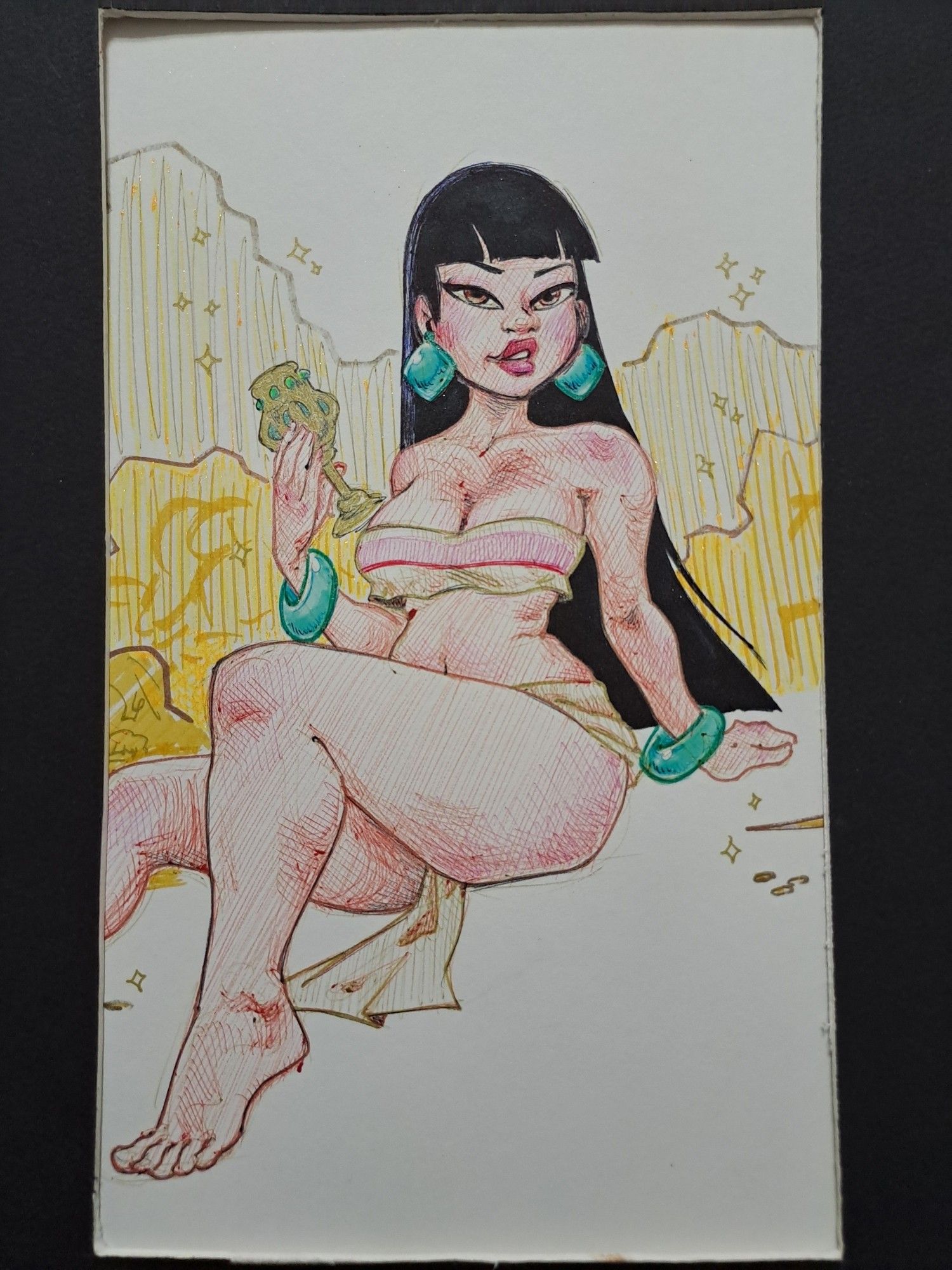 Chel from the Road to El Dorado sitting in a relaxed pose holding a golden goblet in her right hand and supporting herself with her right. She is dressed in her standard outfit of a pink and off-white tube top and loincloth, along with oversized jade earrings and bangles. Her body is positioned in a 3/4 view to the POV and she is turning her head to look at the camera with a smug or flirty look. Behind her are implied piles of golden treasure.