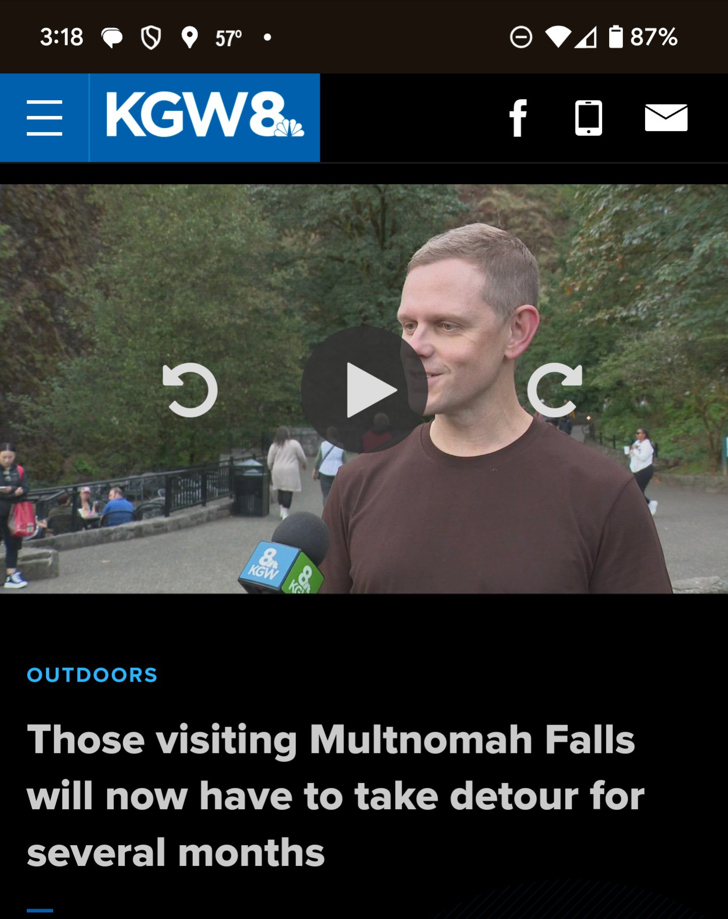 Headline from local news station KGW proclaiming "Those visiting Multnomah Falls will now have to take detour for several months."