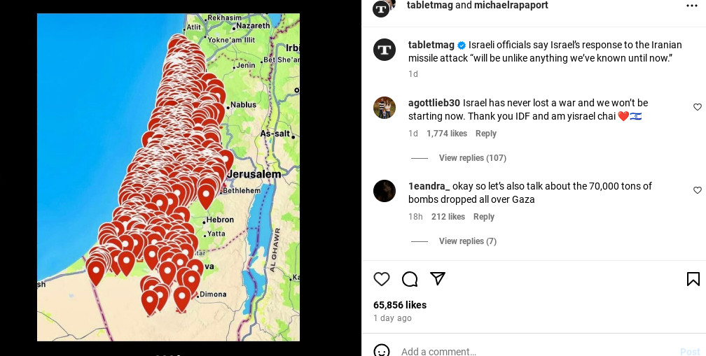 Screenshot of Instagram post by @tabletmag and @michaelrapaport about the Iranian missile attack on Israel. The map is full of pins, covering nearly all of Israel and Gaza.