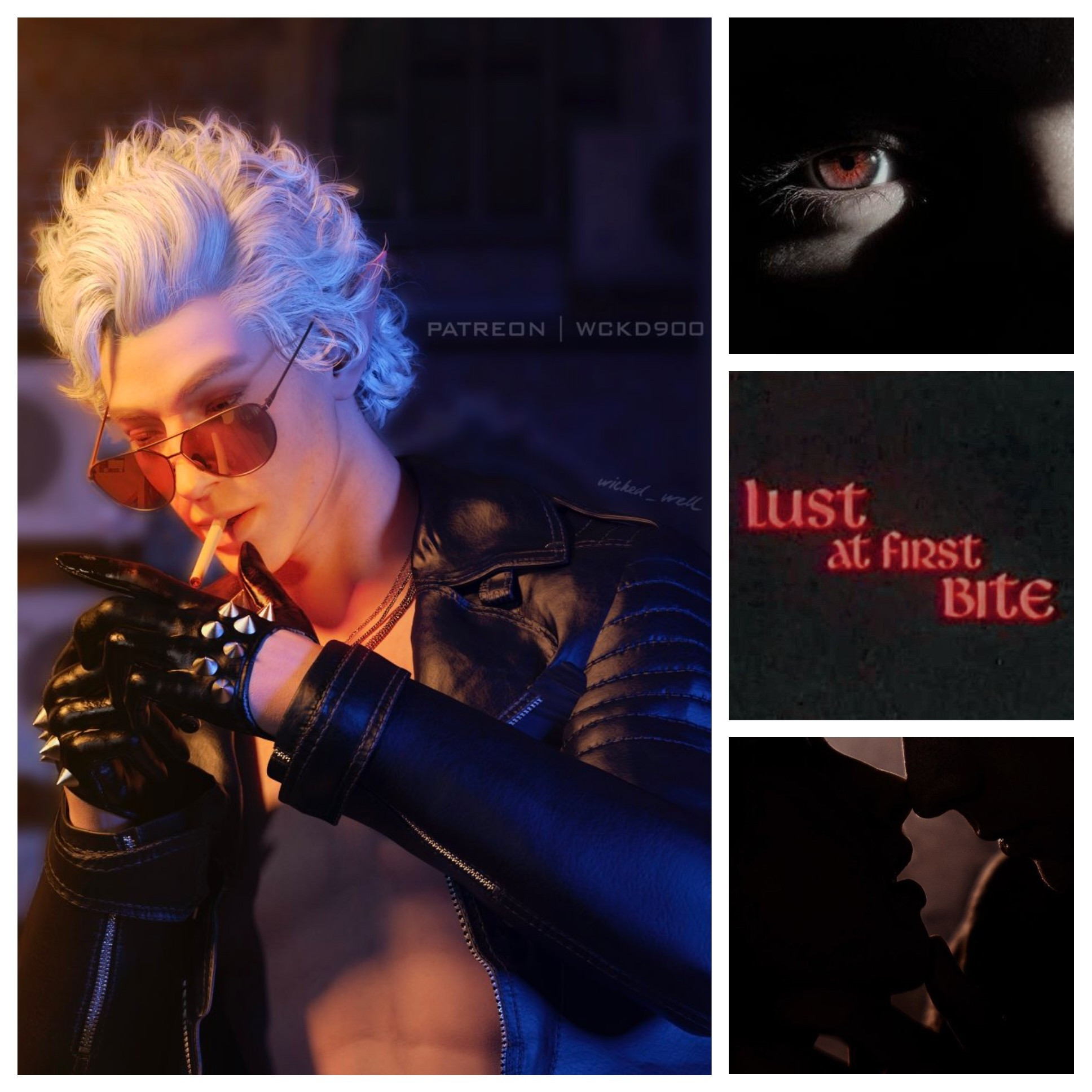 A collage of a 3d render of Astarion wearing mirrored sunglasses, an open leather jacket over a bear chest, and spiked motorcycle gloves while lighting a cigarette; a shadowy image of a closeup of a red eye; a screenshot from 1978 film Dracula Sucks that reads "list at first bite"; and a silhouette of two faces in the moment before a heated kiss.