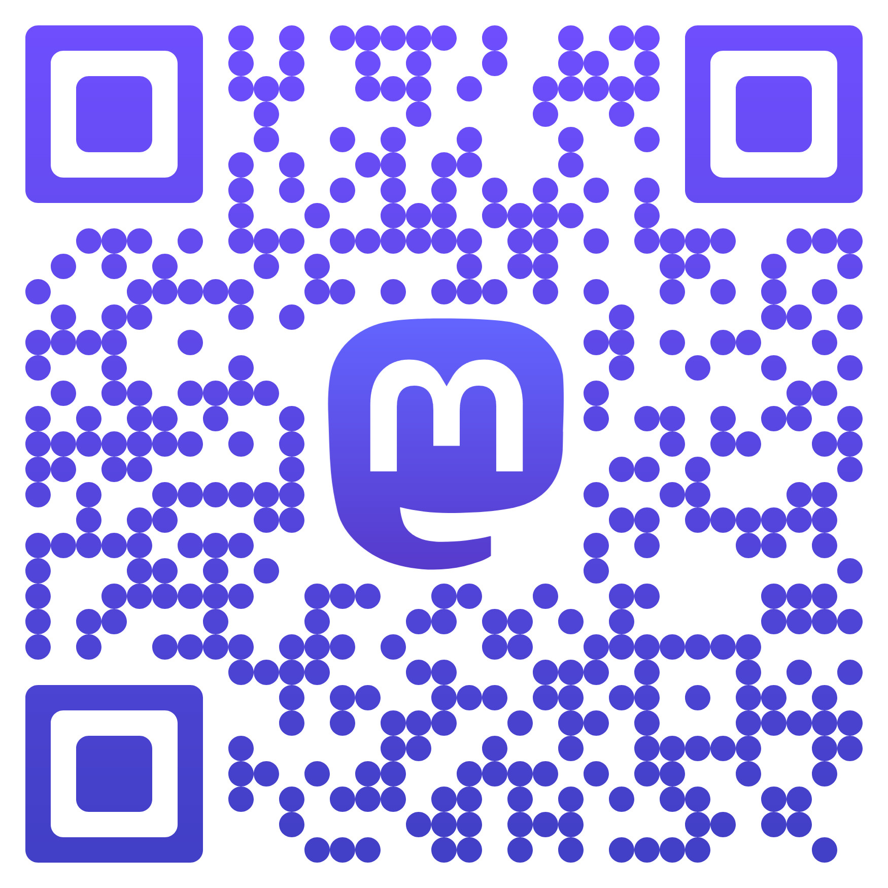 A QR code with the Mastodon logo in the middle. The QR code itself has the same blue-purple gradient as the Mastodon logo. The inner parts of the code consist of individual dots instead of contiguous shapes.