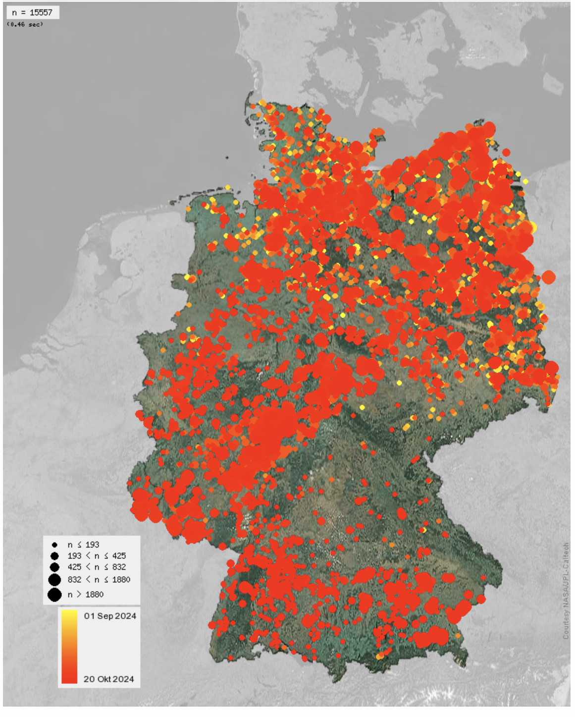 Deutschlandkarte mit vielen roten Markierungen.