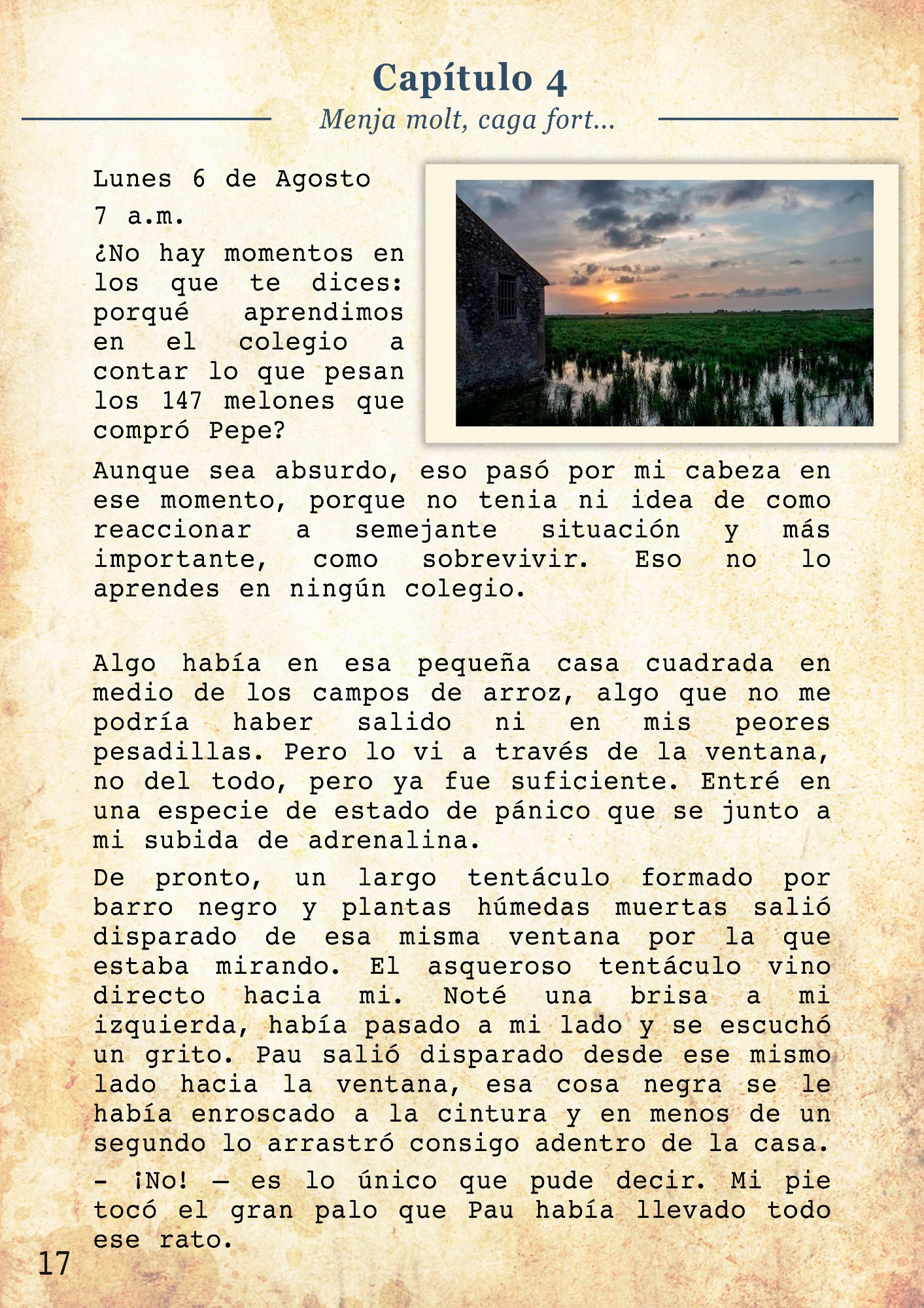 Menja molt i caga fort, i no tingues por a la mort
Lunes 6 de Agosto 7:00 am

¿No hay momentos en los que te dices: porqué aprendimos en el colegio a contar lo que pesan los 147 melones que compró Pepe? Aunque sea absurdo, eso pasó por mi cabeza en ese momento, porque no tenia ni idea de como reaccionar a semejante situación y más importante, como sobrevivir. Eso no lo aprendes en ningún sitio. 
Algo había en esa pequeña casa cuadrada en medio de los campos de arroz, algo que no me podría haber salido ni en mis peores pesadillas. Pero lo vi a través de la ventana, no del todo, pero ya fue suficiente. Entré en una especie de estado de pánico que se junto a mi subida de adrenalina.
De pronto, un largo tentáculo formado por barro negro y plantas húmedas muertas salió disparado de esa misma ventana por la que estaba mirando. El asqueroso tentáculo vino directo hacia mi. Noté una brisa a mi izquierda, había pasado a mi lado y se escuchó un grito. Pau salió disparado desde ese mismo lado hacia la ventana, esa cosa negra se le había enroscado a la cintura y en menos de un segundo lo arrastró consigo adentro de la casa. 
- ¡No! – es lo único que pude decir. Mi pie tocó el gran palo que Pau había llevado todo ese rato. Lo levanté y me giré – Mierda, ¡Carla quédate aquí! 