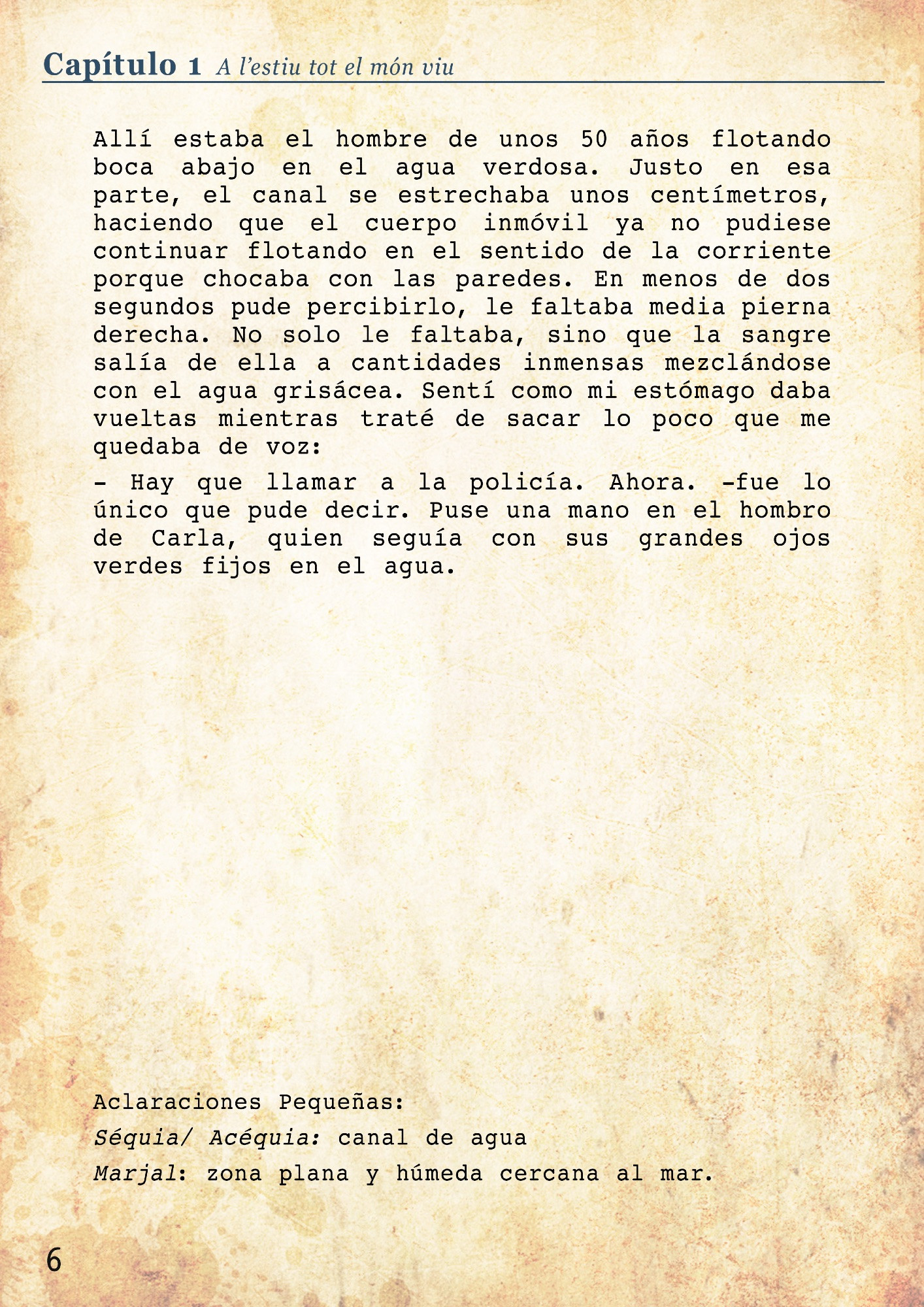 tan rápido como nunca.
- Clara! Laia! ¿Estáis ahí? ¡Ayuda! –escuchaba a mi primo gritar tan desesperadamente que dejé mi escritura a un lado y también salí junto a Clara hacia la puerta delantera, que daba al camino de tierra que venía desde el pueblo. 
- Pau ¿Qué pasa? -grité mientras abría la puerta. De la cortina de hilos que cubría la entrada pasó bruscamente Pau a la casa. 
- Hay alguien en la acequia -con esa expresión con la que respondió el chico, sus ojos verdes muy abiertos, entendí lo peor. – Solo lo he visto de lejos, no me atrevo a acercarme
- Pero Pau, ¡a ver si necesita ayuda! - gritó Carla dispuesta a salir de la casa. Ambos la seguimos, pero Pau volvió a hablar, ahora con una voz más temblorosa. 
- Carla, no sé... No sé si se puede, venía con la corriente, no se movía nada. -A pesar de lo que decía Pau, los tres seguíamos corriendo hacia detrás de nuestra casa, que era por donde pasaba la acequia que regaba todos los campos de la marjal y donde tantas veces íbamos a