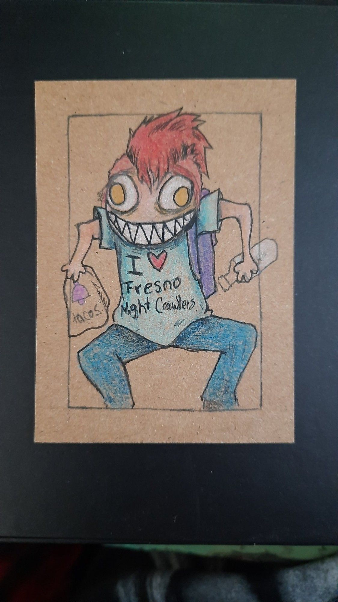 custom pen and color pencil trading card of an unhinged human with gremlin energy. They have a red mohawk, carrying a water bottle and a bag of taco bell. They are also wearing a t-shirt that says 'I heart Fresno Night Crawlers'