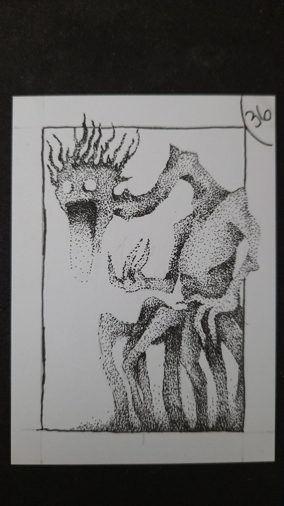 a custom pen and ink trading card of an Anomaly. A creature that looks like a shadow with a hanging lower jaw and multiple almost spider like legs