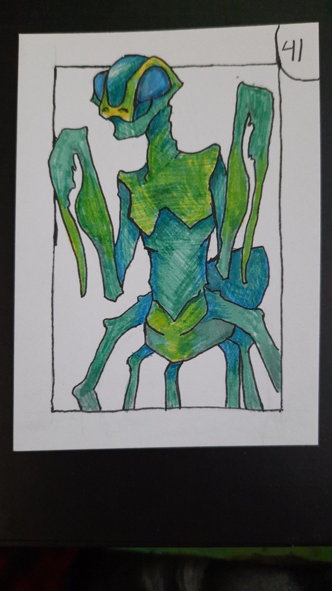 a color pen and ink custom trading card of the mantis man