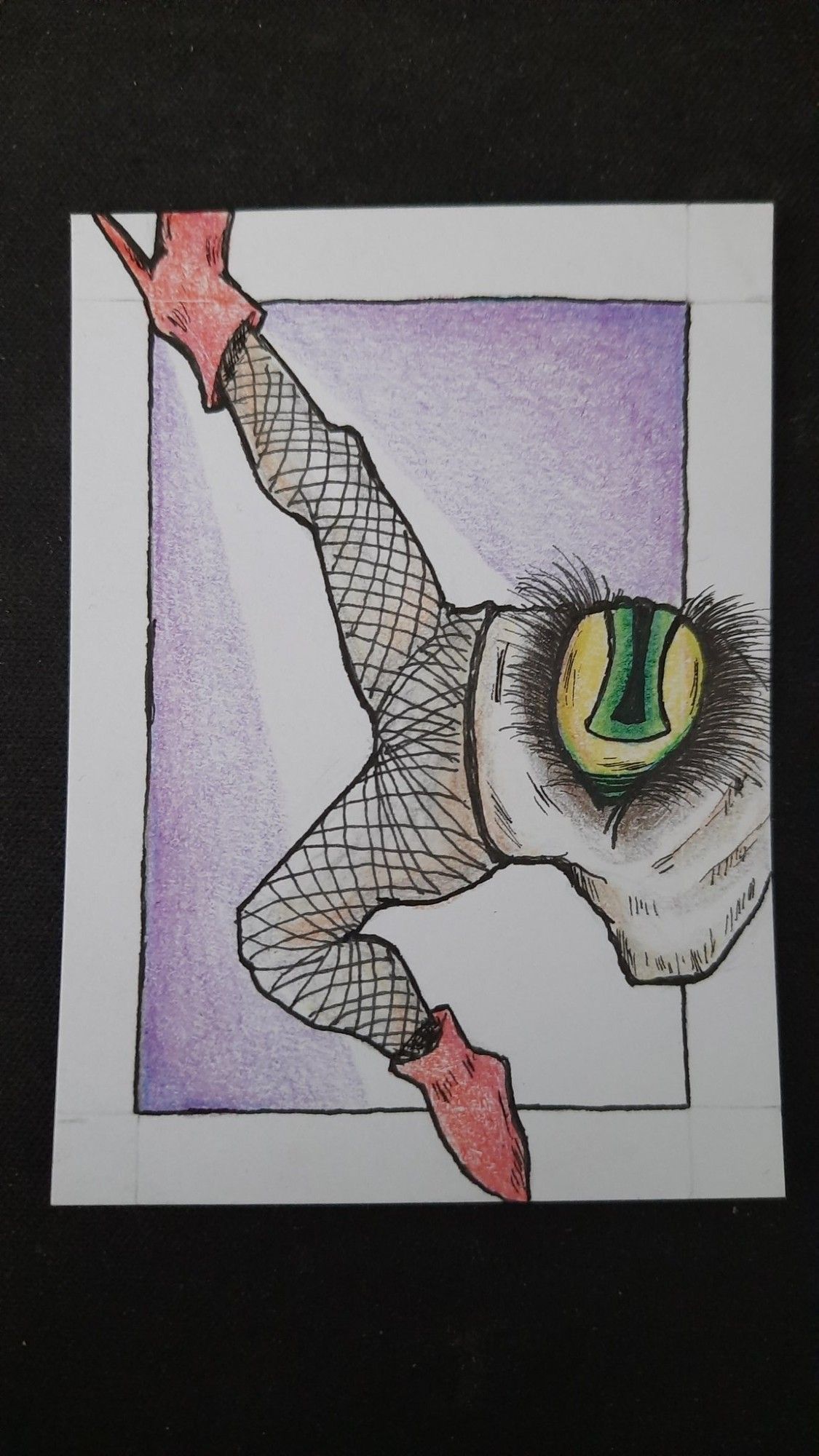 A pen and ink, color pencil custom trading card of a Fresno Night Crawler in fishnets and heels doing a dip