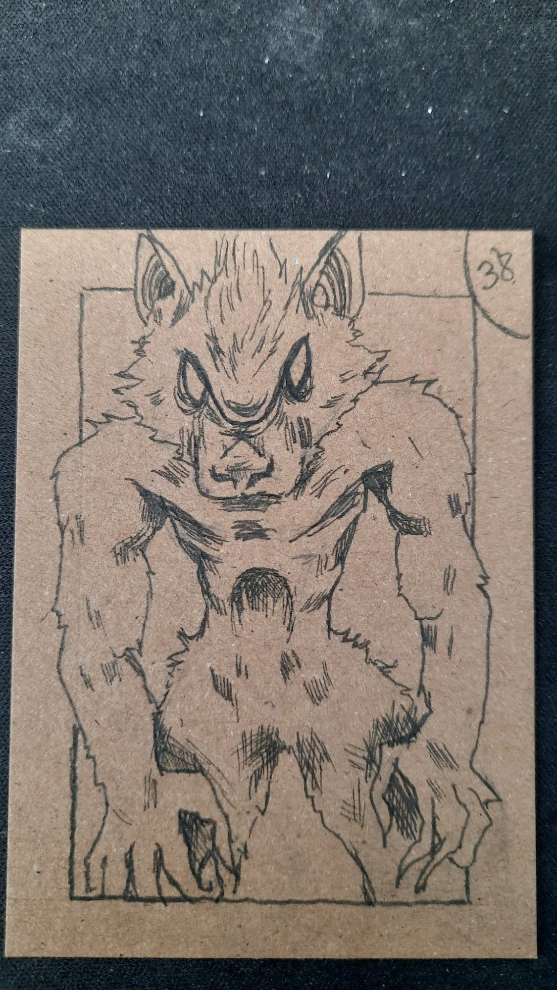 custom pen and ink trading card of the Dewayo, a werewolf looking cryptid.