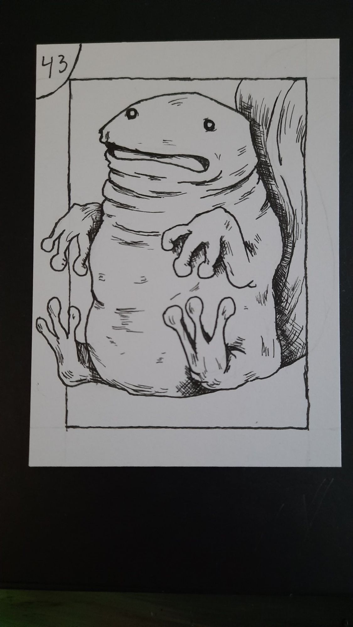 pen and ink custom trading card of a giant goofy looking salamander