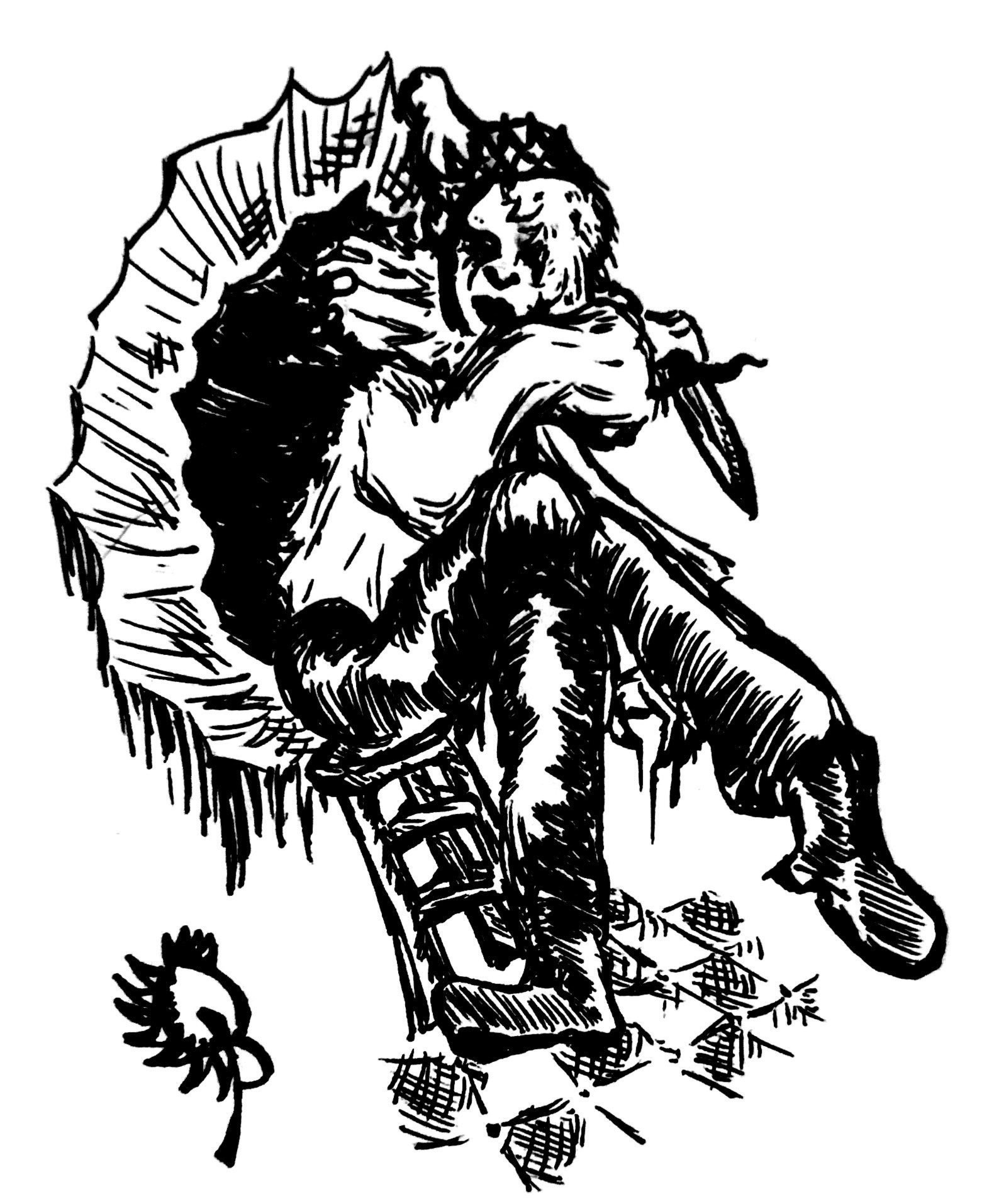 Art of a feminine clown with neck ruffles and a crown sitting on a wobbling stool and holding a dagger before a strange rip in space.