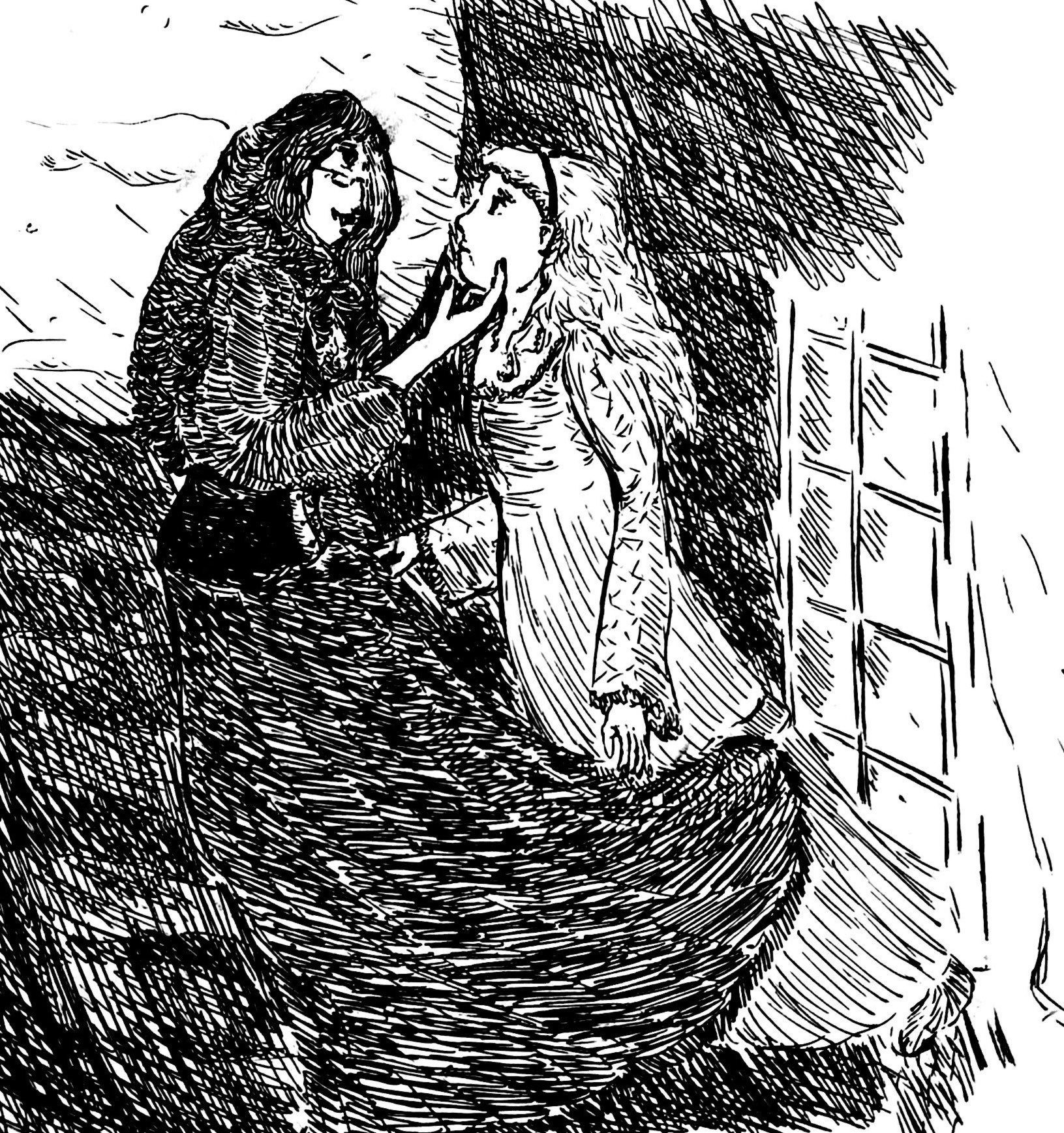 Two women flosting in the night sky under the full moon, one with dark hair and fangs wearing a corset while leading the other, a girl with blonde hair in a night gown, to step away from her window sill