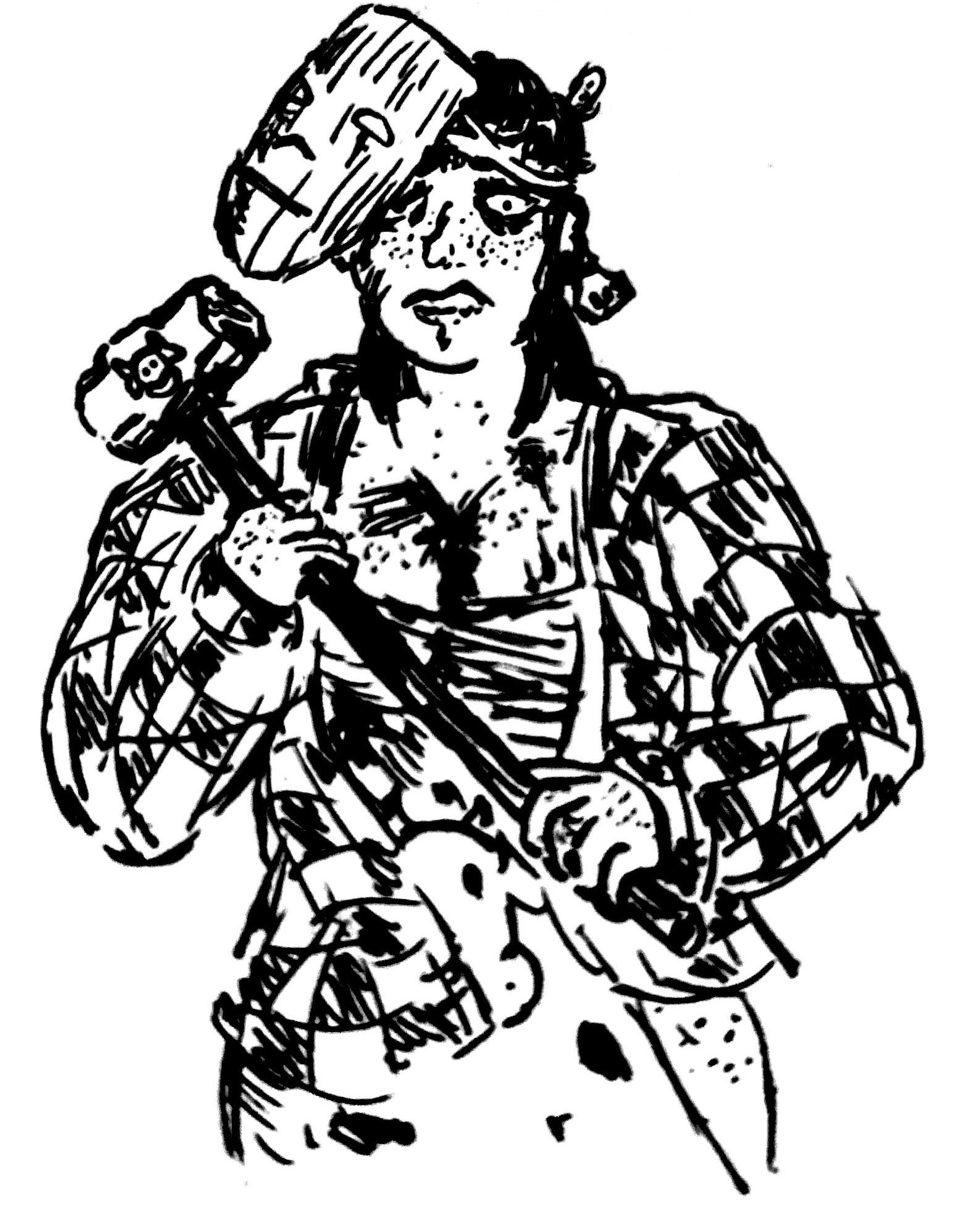  Large, muscular woman with a wooden mask lifted up on her head, her hair is in a mullet style and she's covered in freckles. She has a skewed nose and a trepidatious look on her face, and she is wearing a flannel over a bloody apron printed with a cow face on it. She is holding a sledgehammer and has a cow tag as a makeshift earring, while her large breasts (covered in scars) are covered up with tape. 
