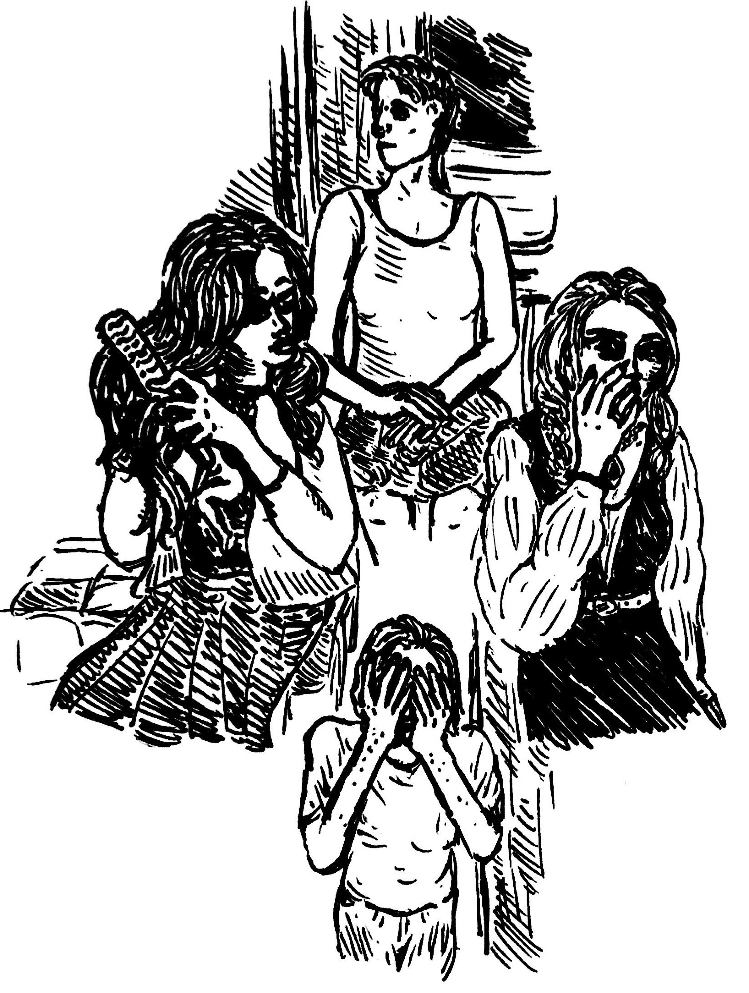Illustration for the first chapter of our novel Lesbian Vampire Apocalypse (LVA) presenting the four main characters Audrey (left), Dove (top), Laura (right), and Marcus (bottom). Audrey is brushing through her long dark hair while wearing a long skirt, a jacket, and a black sabbath T-shirt with her eyes closed turned towards Laura. Dove is in a tank top on the subway looking towards the left with a short side shaved haircut and has a leather jacket in their lap. Laura is looking back towards Audrey while covering her mouth with her hand, wearing an intricate dress with long flowing sleeves. Marcus is wearing a t-shirt and jeans while covering his face entirely.