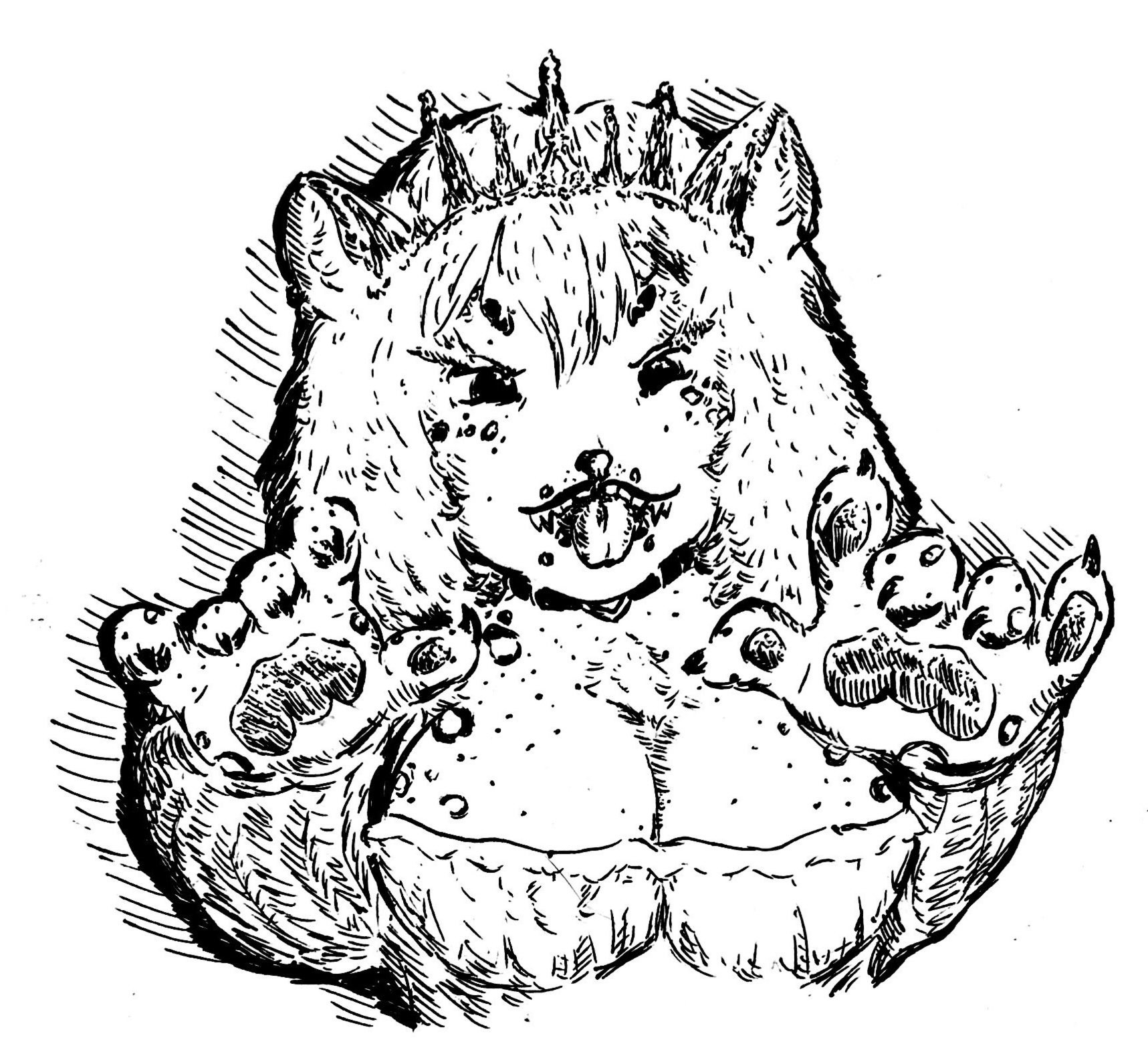 A greyscale drawing of an anthropomorphic snow leopard in a dress with a low cut neckline and large breasts, as well as a tiara in her hair. Her mouth is open and her tongue is sticking out as her big paws are poised to pounce at her prey. <3