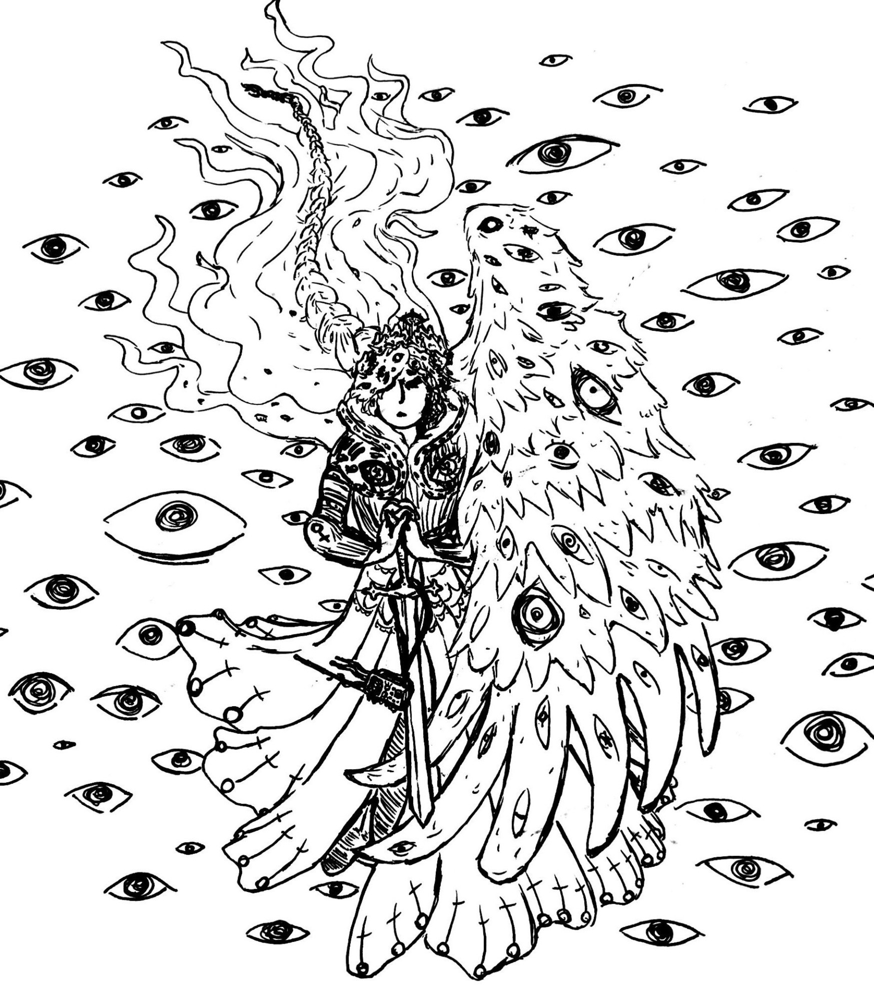 Art of a woman in intricate armor adorned with eyes and venus symbols, one gigantic wing draped over her left side as she clasps a sword with a radio strung around it. Behind her more disembodied eyes stare off into space, while her braided hair is surrounded by ethereal tendrils of light.