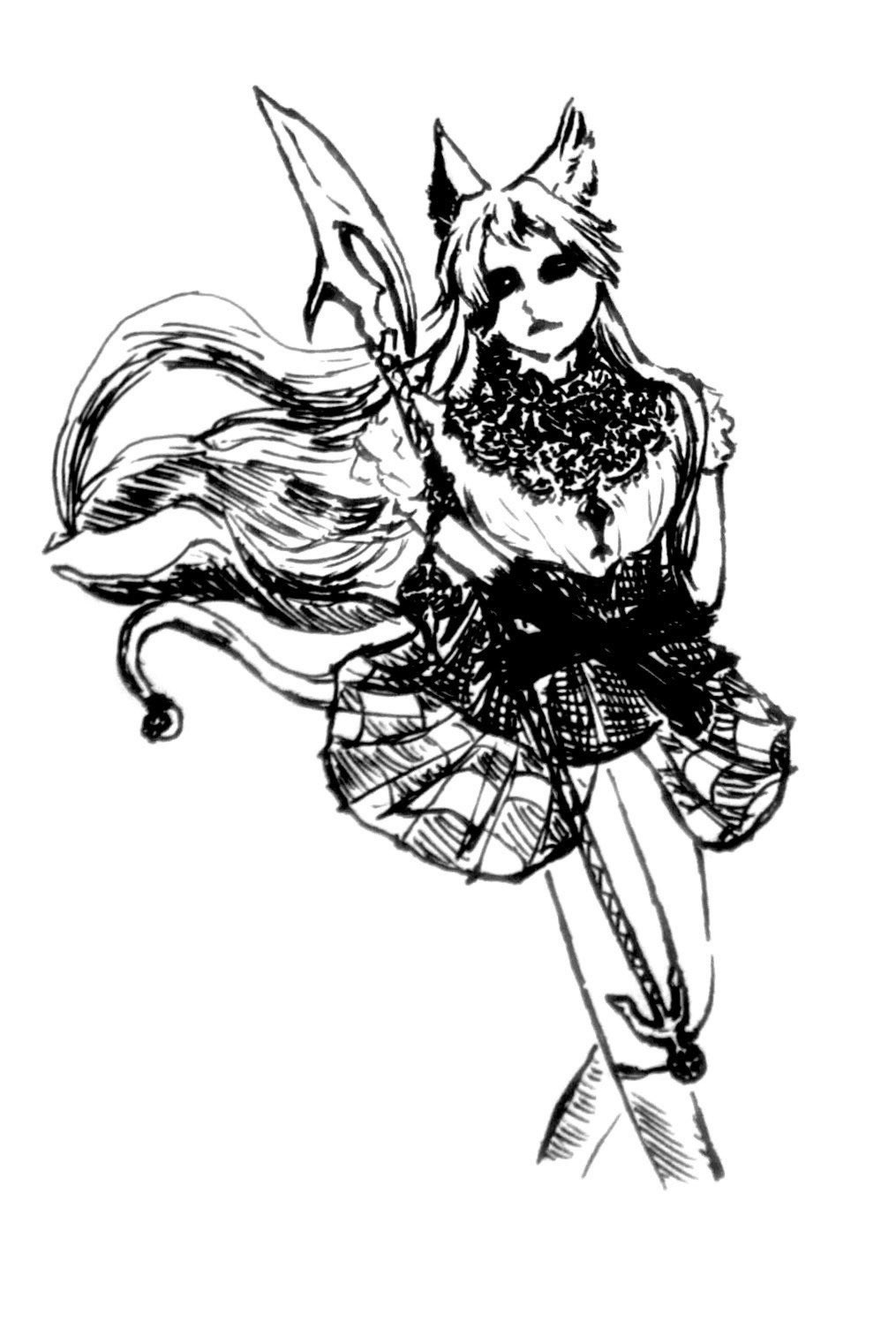 A magical girl with tall fuzzy ears and a tail holding a halberd in one hand, wearing a skirt with a checkered spiderweb pattern, an ornate insignia necklace, and a complex floral ruffle around her clavicle.
