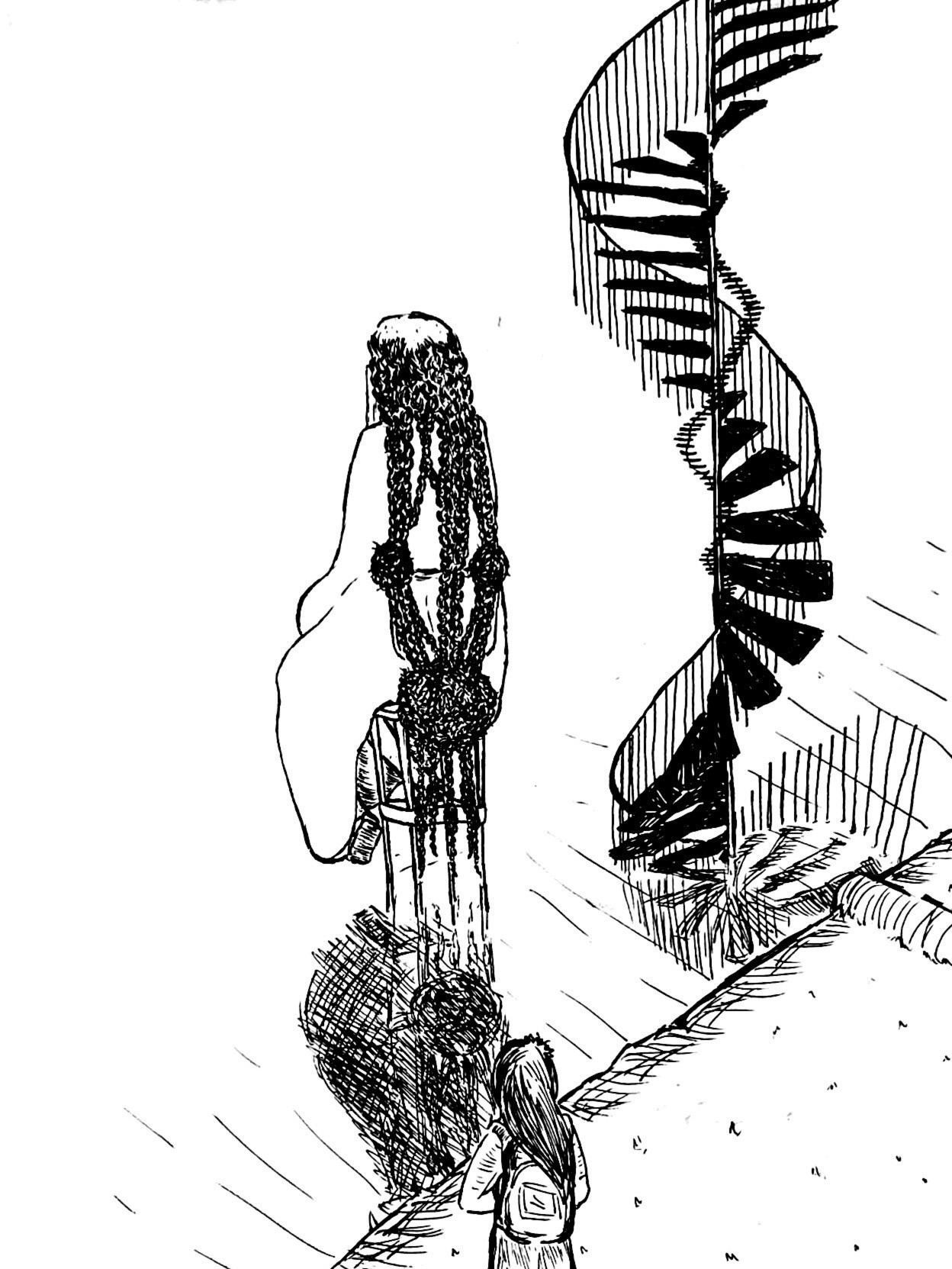 A balding woman sat in a tall chair in the middle of water, her remaining hair tied in complex braids as she is turned away from us. Next to her is a spiral staircase, and in front of them both is a girl standing on a slightly raised platform.