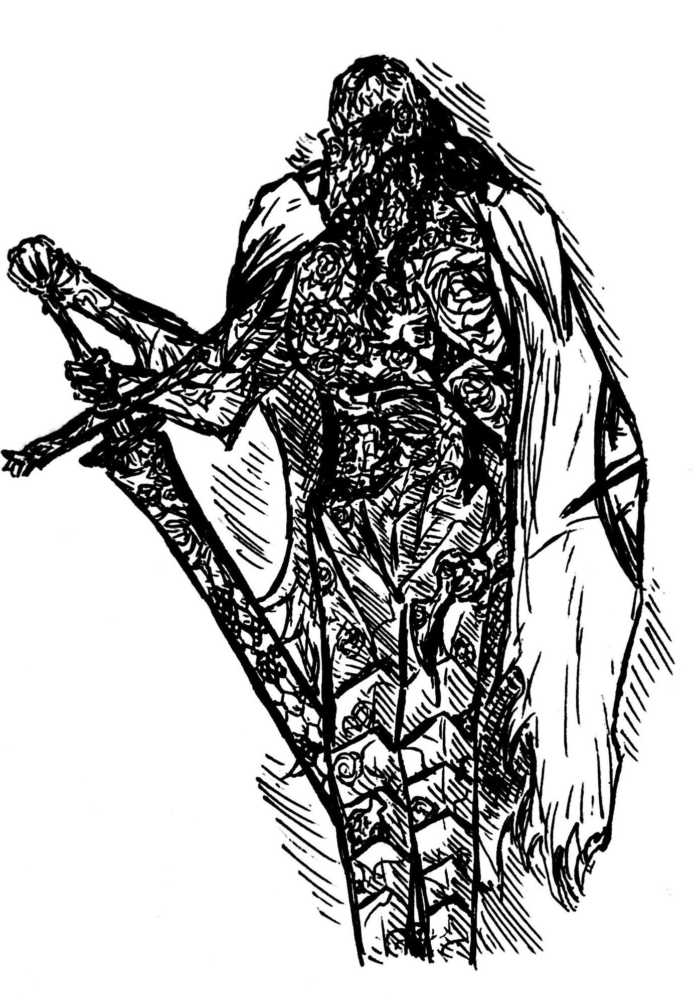 Art of a large feminine knight in intricate plate armor with rose motifs, holding a long sword with two of her four hands, while another rests on her chest, and the last holds a curved and bloody dagger. A long and tattered cape is draped over her back.