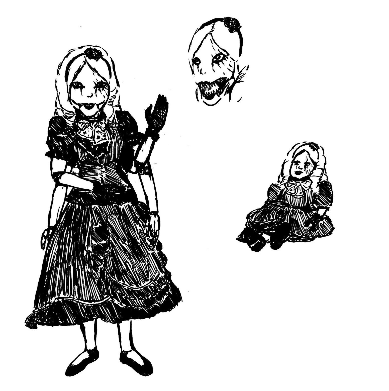 Art of a blonde doll woman in a black Victorian dress with a black rose hairband and black lace gloves on two of her four hands, her body is segmented like a porcelain doll and she has cracks in her face centered around her eyes and mouth. We see in a side sketch that her mouth can unhinge to reveal sharp needle teeth, and another side sketch depicting the woman as a smaller, traditional porcelain doll with similar markings around her eye.