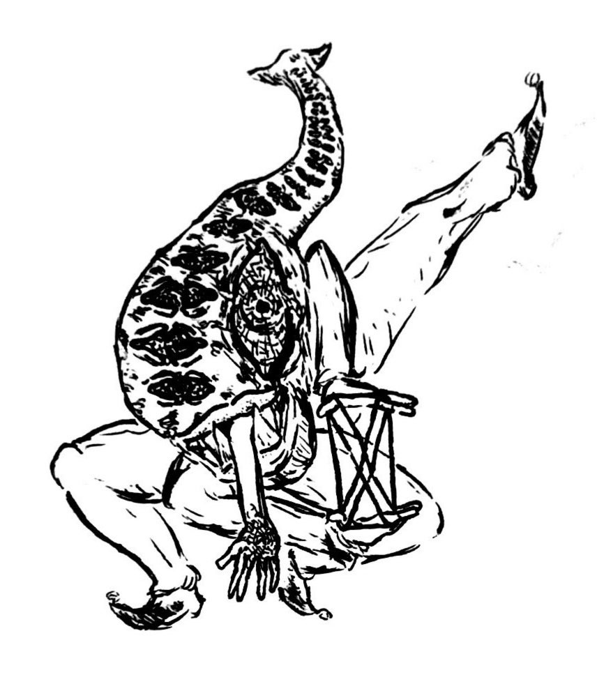 Art of a humanoid figure with three legs and two arms playing cats cradle, while it's head is a large fish seemingly made of cloth and adorned with strange eyes while another, limp arm falls from its mouth.