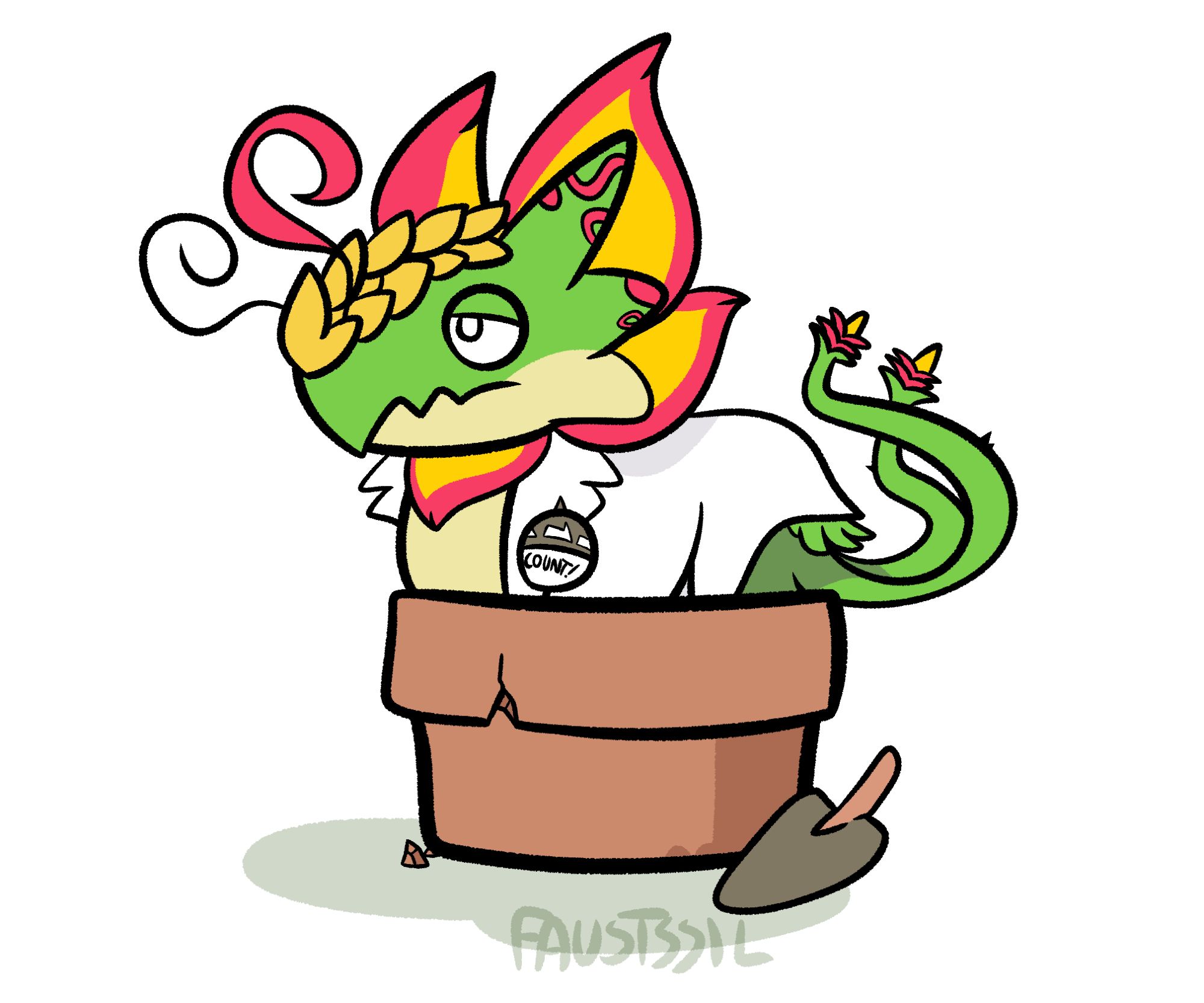 an illustration of a toropiamon, a digital monster that resembles a dragon or dinosaur made of plant matter, wearing a lab coat and sitting in a flower pot, "loafing" as a cat might. the digimon appears to be docile yet tired.