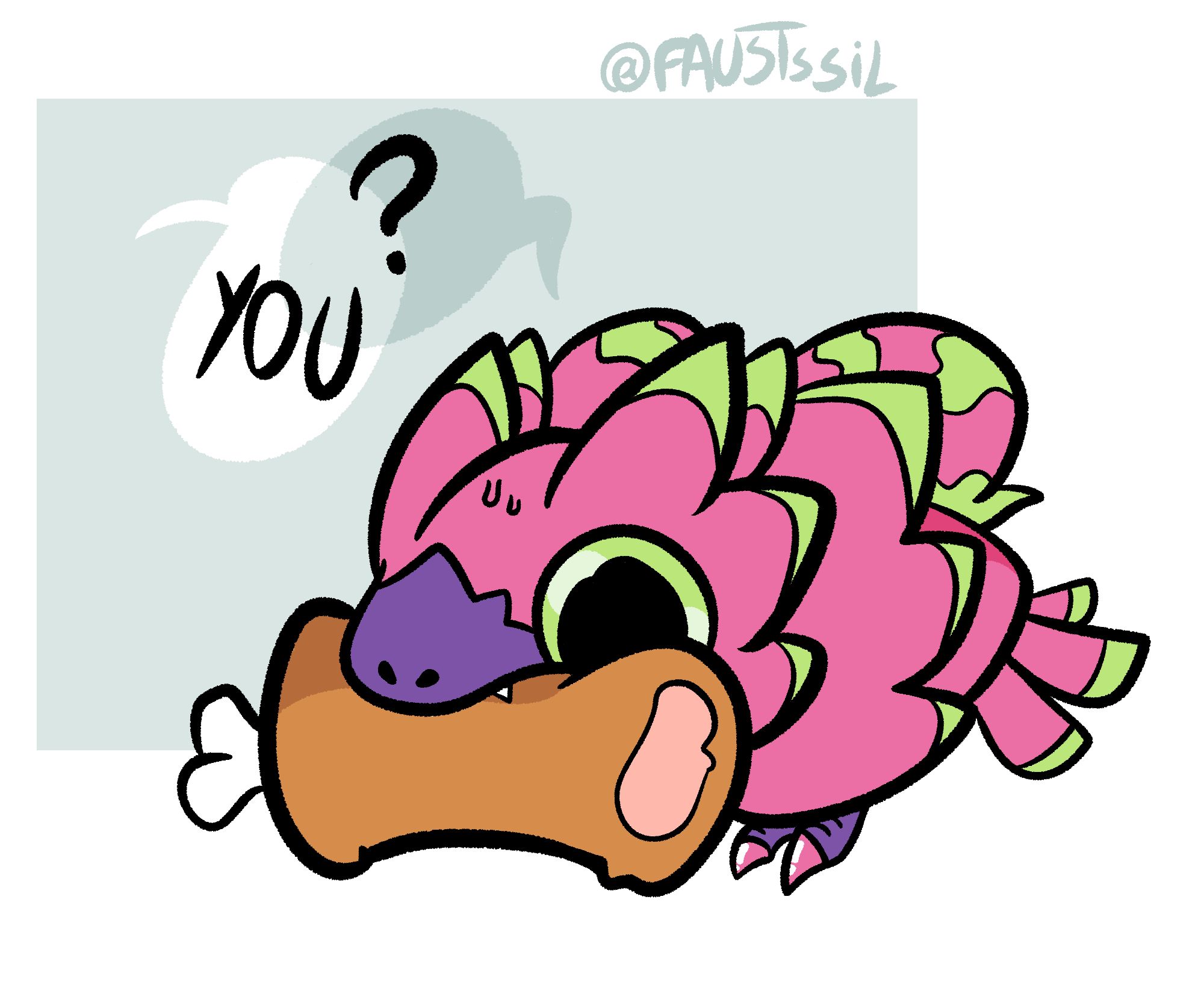 an illustration of a pomumon, a digital monster that resembles a combination of a prehistoric bird and a dragonfruit, eating a cartoon piece of meat. they look slightly alarmed, and two speech bubbles (one theirs, the other from an offscreen individual) read "YOU" and "?"