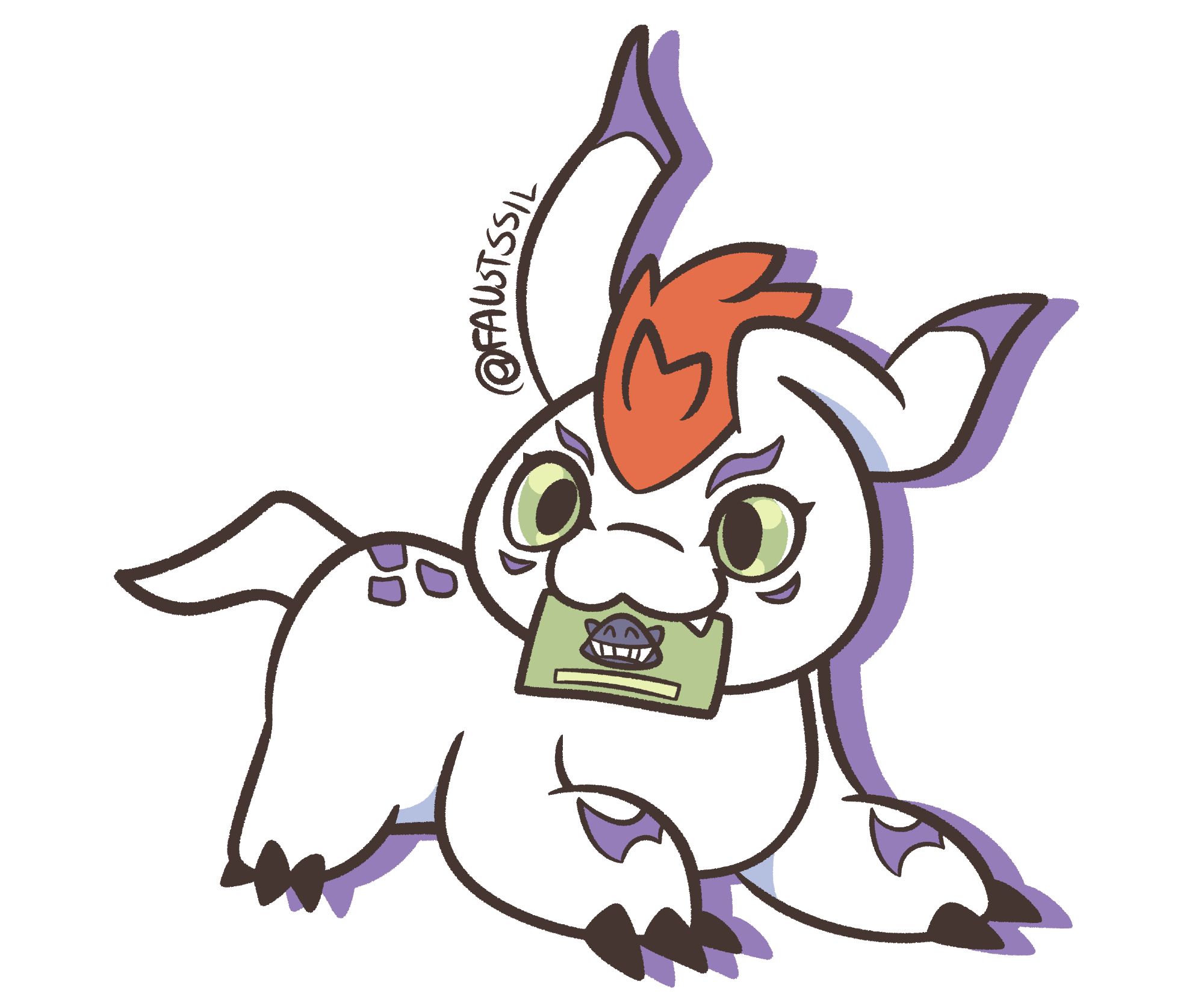 an illustration of gomamon, a digimon that resembles a white seal with purple spots. in his mouth is a brochure of sorts, depicting a smiling blue face.