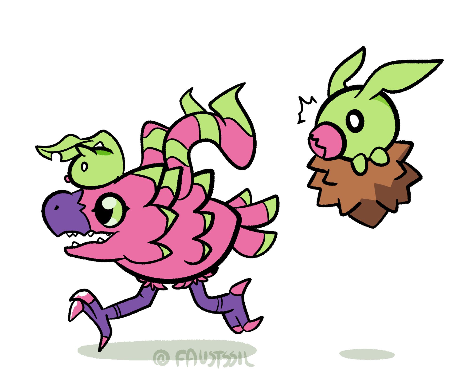 an illustration of a pomumon, a digimon that resembles a blend of a dragonfruit and a bird, running to the left of the screen. a leafmon, a green blob with a leaf for a tail sits on pomumon's head, while a minomon, a bagworm-like digimon, looks on in shock.