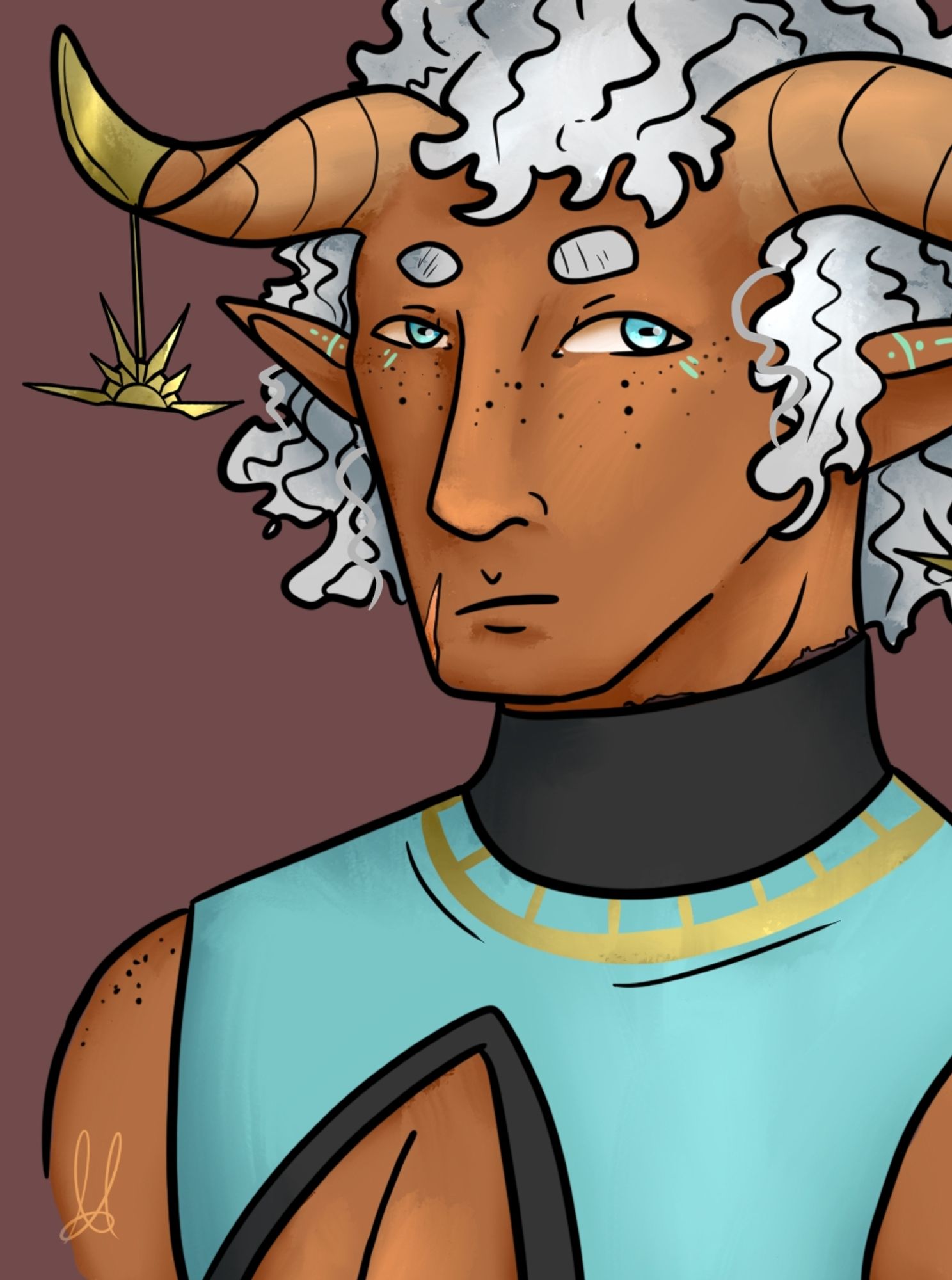 Headshot of my NPC tiefling-faun  with silvery hair