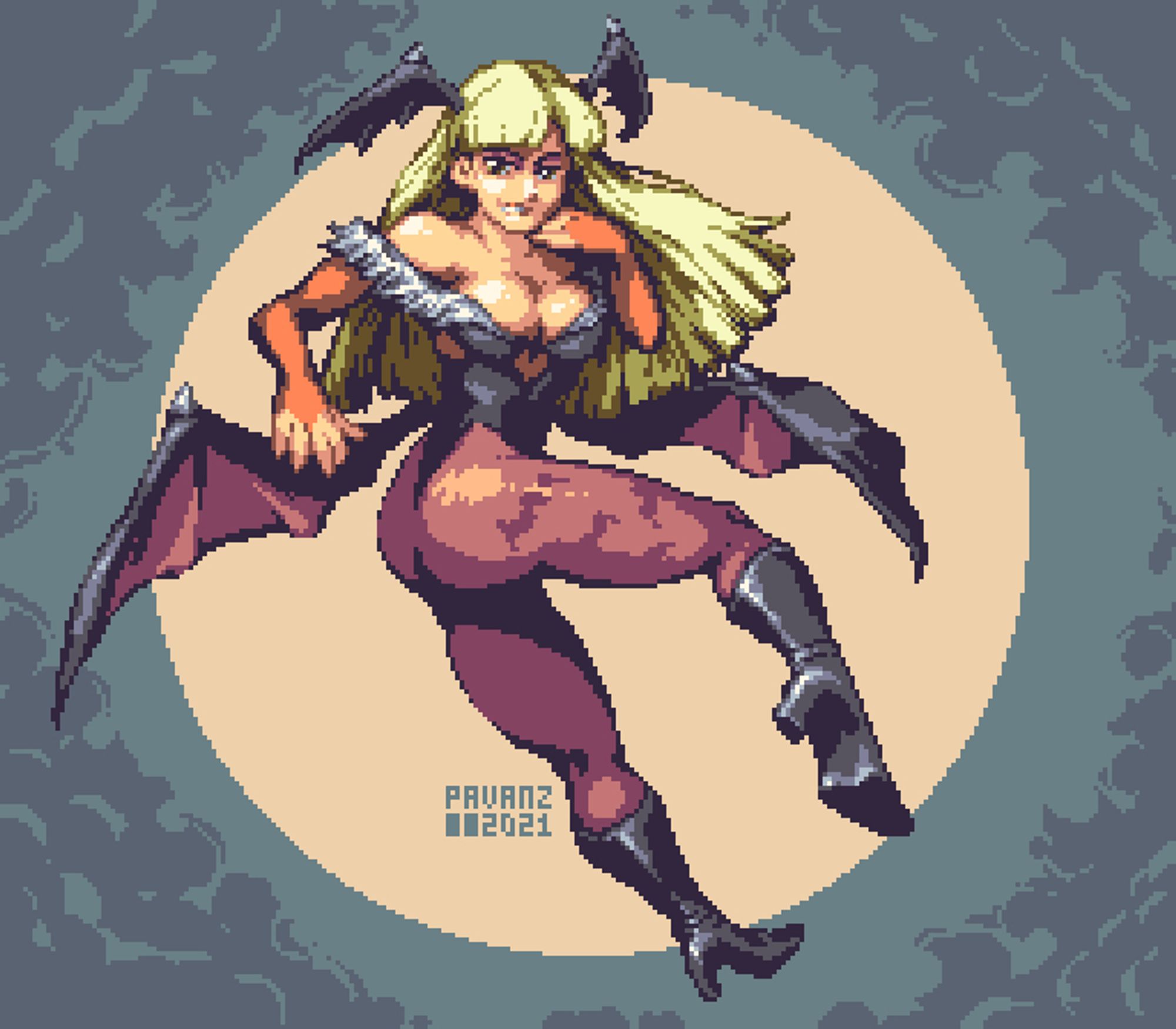 A big pixel art sprite of Morrigan from Darkstalkers