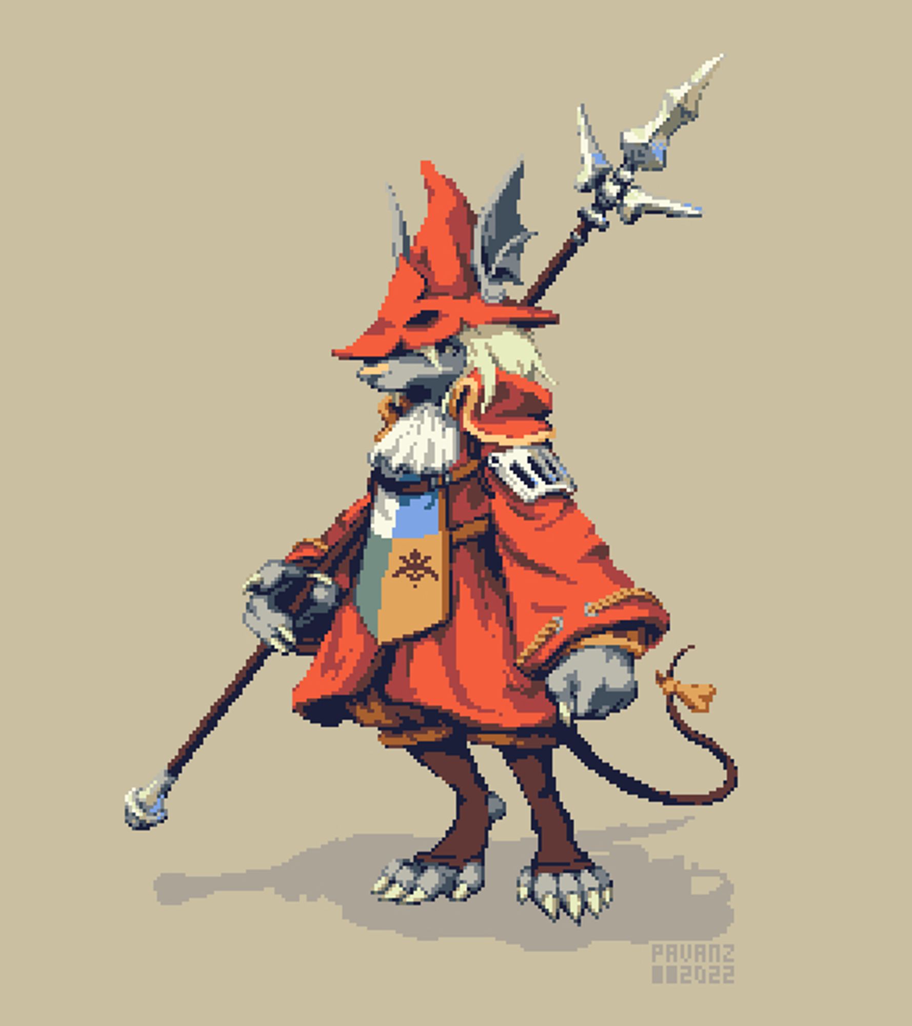 A pixel art rendition of Freya Crescent from Final fantasy IX, a rodent warrior wearing a bright red vest and wielding a trident.