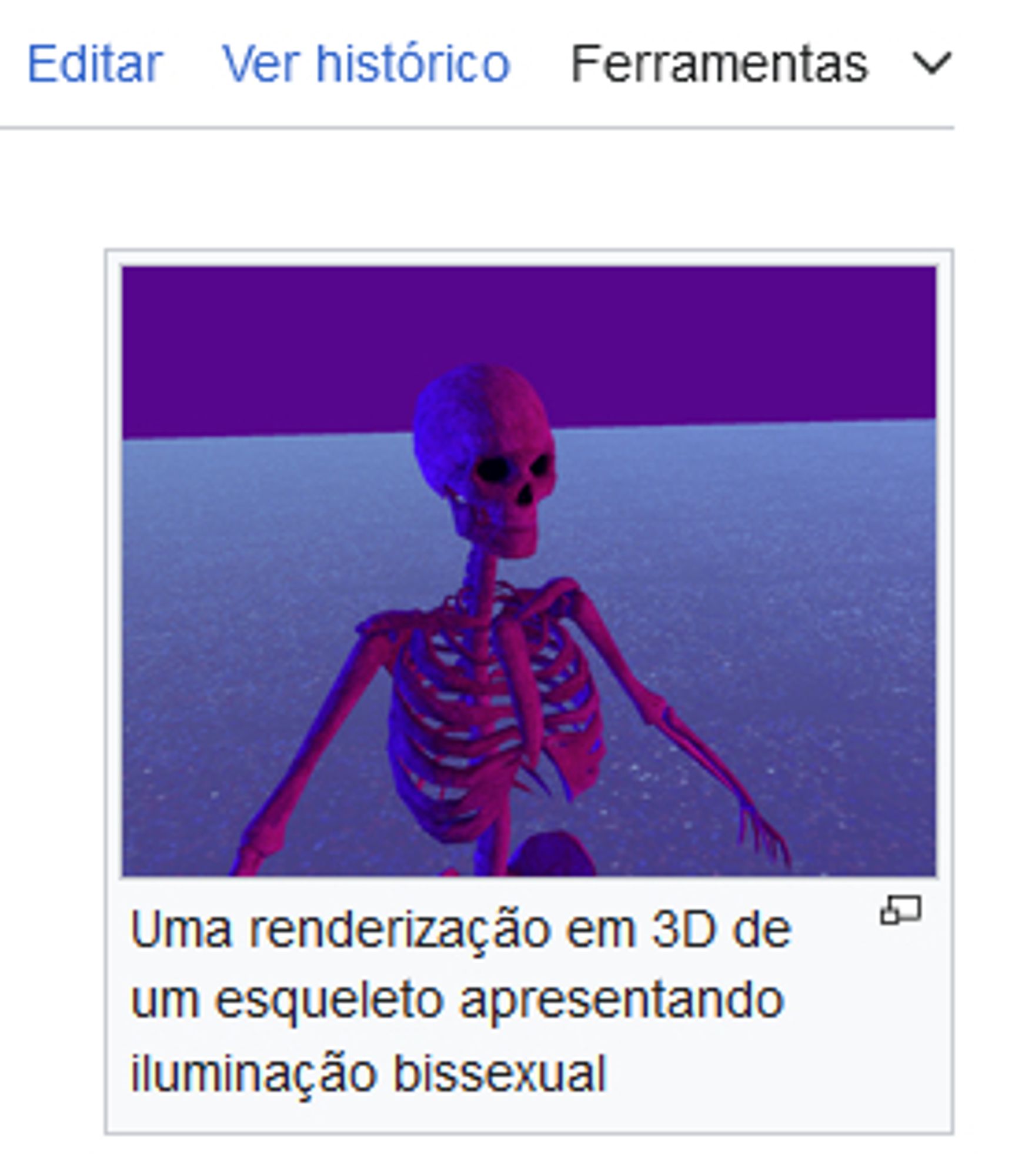 Um print do artigo da wikipédia "Iluminação bissexual", mostrando a imagem de uma renderização em 3D de um esqueleto apresentando iluminação bissexual, com a legenda "Uma renderização em 3D de um esqueleto apresentando iluminação bissexual"