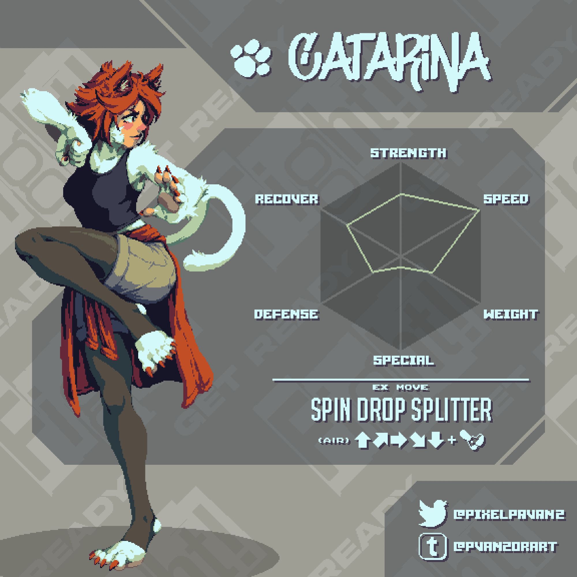 A pixel art mockup screen of a character stats screen for a non existing fighting game. To the left is a red haired cat woman. White fur covers most of her body. She's wearing sport clothes and has a red jacket wrapped around her waist. To the right side, the name Catarina, a stats chart, and the commands to something called "EX MOVE: SPIN DROP SPLITTER"