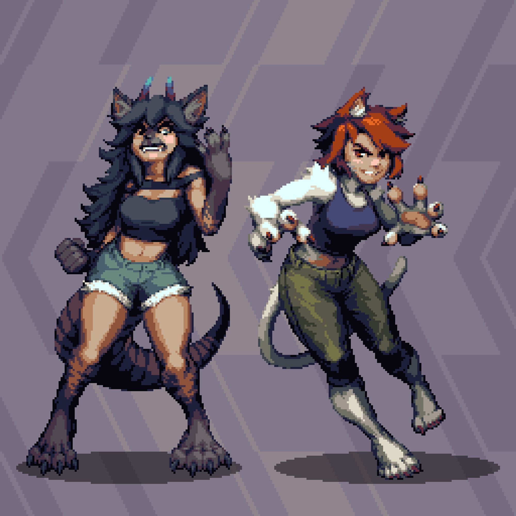 A black haired kaiju woman and a red haired cat woman side by side