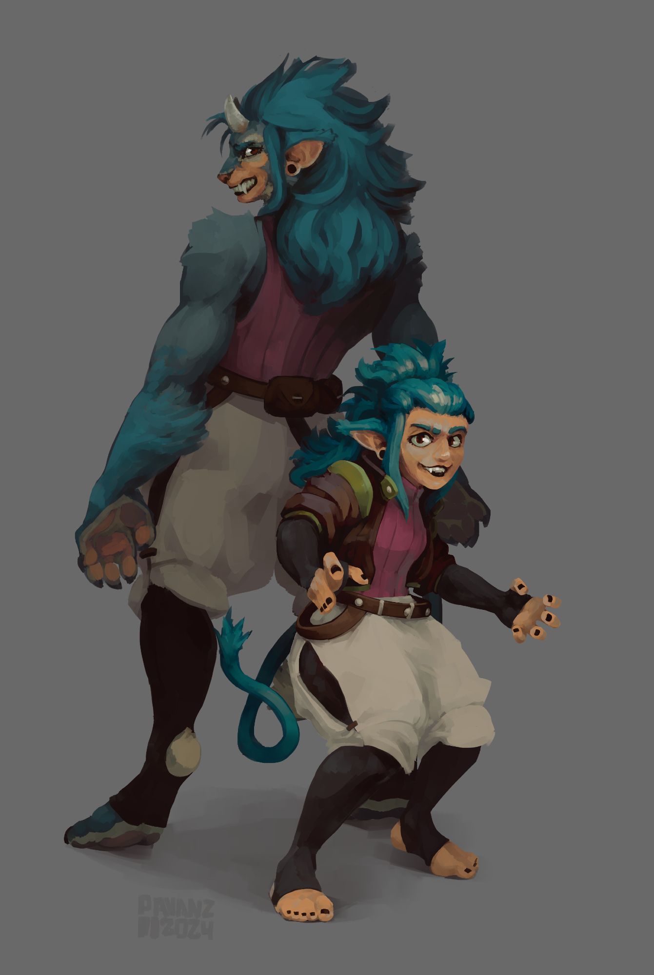 A painting of two different forms of the same Tabletop RPG character. In the front, facing the viewer, a short woman with blueish-green hair. She has furry pointed ears and a long tail. She's looking at the viewer with a snarky grin on her face. Behind her, facing away from the viewer, it's the same character morphed into a large creature. She is taller and covered in blueish-green fur. She has digitigrade paws and a pair of white horns. She is looking over her shoulder, towards the viewer, with a more aggressive grin.