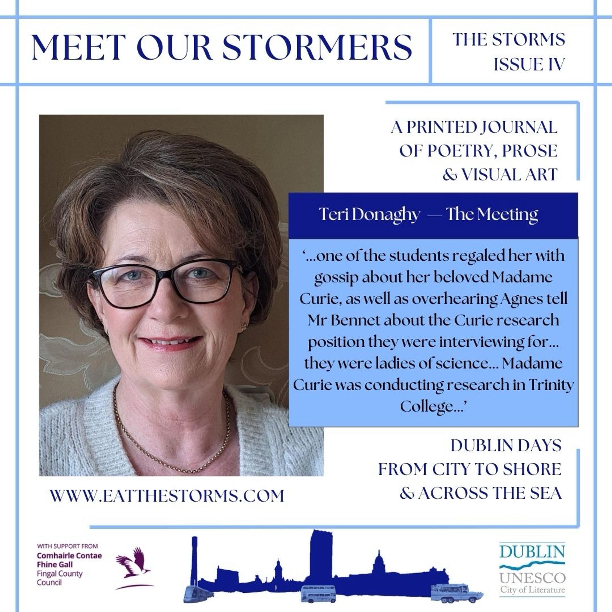 The Storms journal, issue 4
is delighted to welcome Teri Donaghy  
and her story, The Meeting, 
to the printed journal 
coming this November