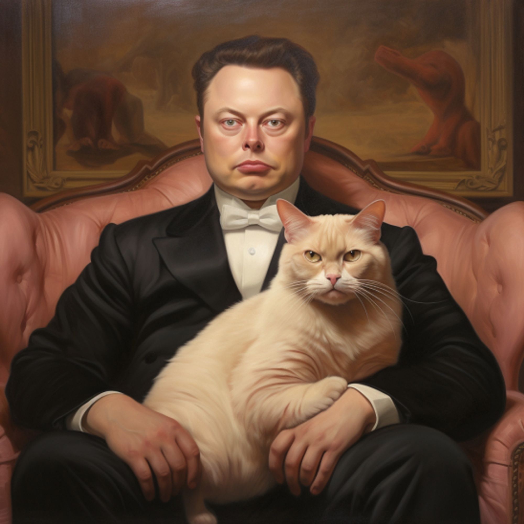 Midjourney prompt: fernando botero painting of elon musk as a cat, small eyes very far apart. I tried very hard to get the eyes further apart until I decided that I needed to have leftover Christmas ham more than I wanted to get Elon's eyes further apart.