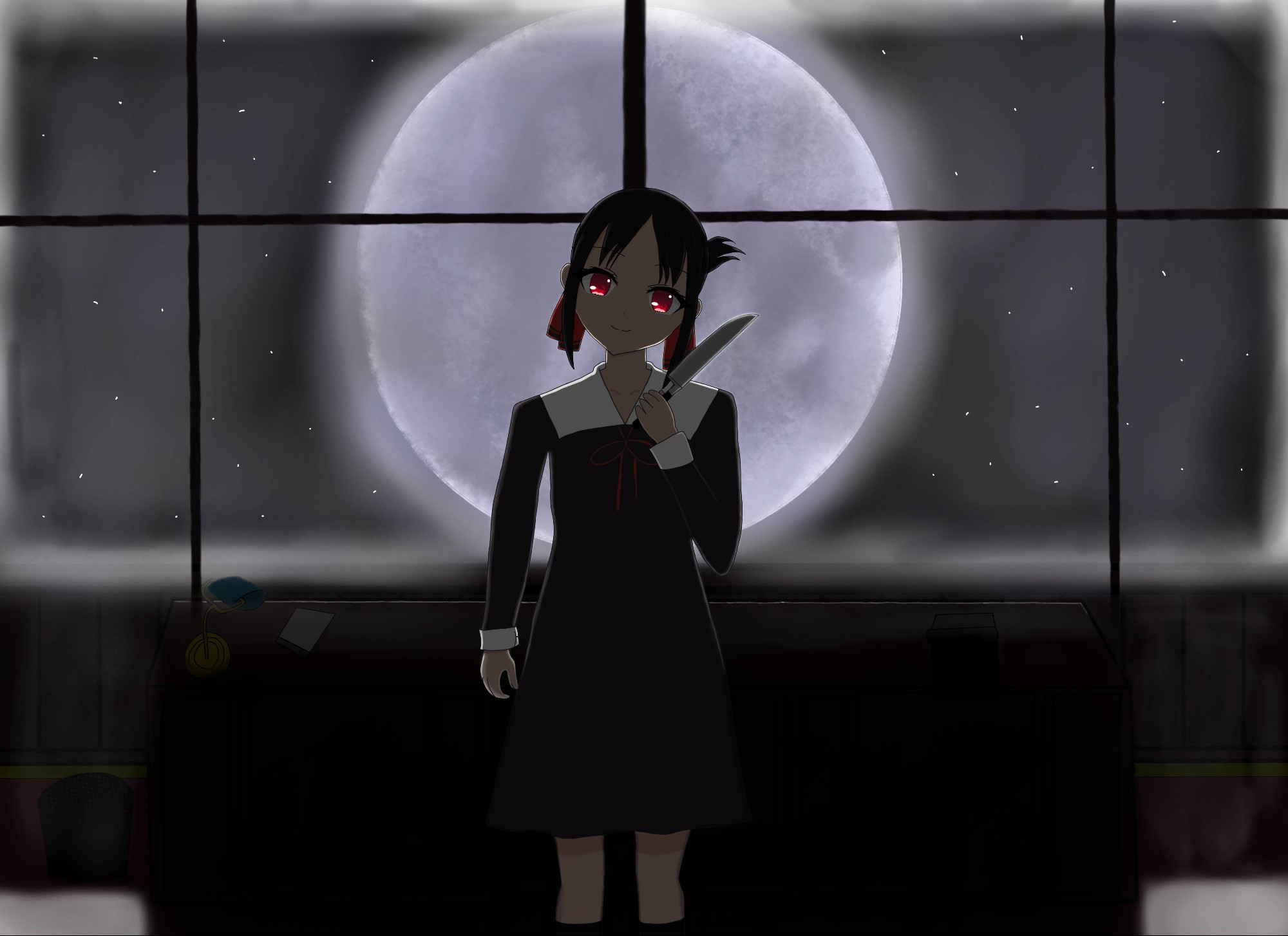 Kaguya in the Student Council room holding a knife in the darkness with the moon shining in the background and kaguya's eyes glowing in the darkness