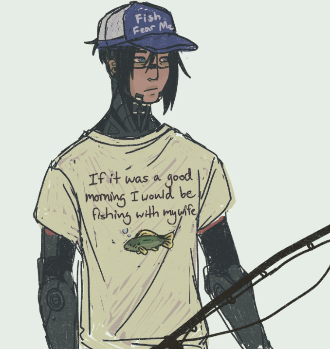 A drawing of Elster with a fishing rod wearing a 'if it were a good morning i would be fishing with my wife' shirt and a 'fish fear me' hat