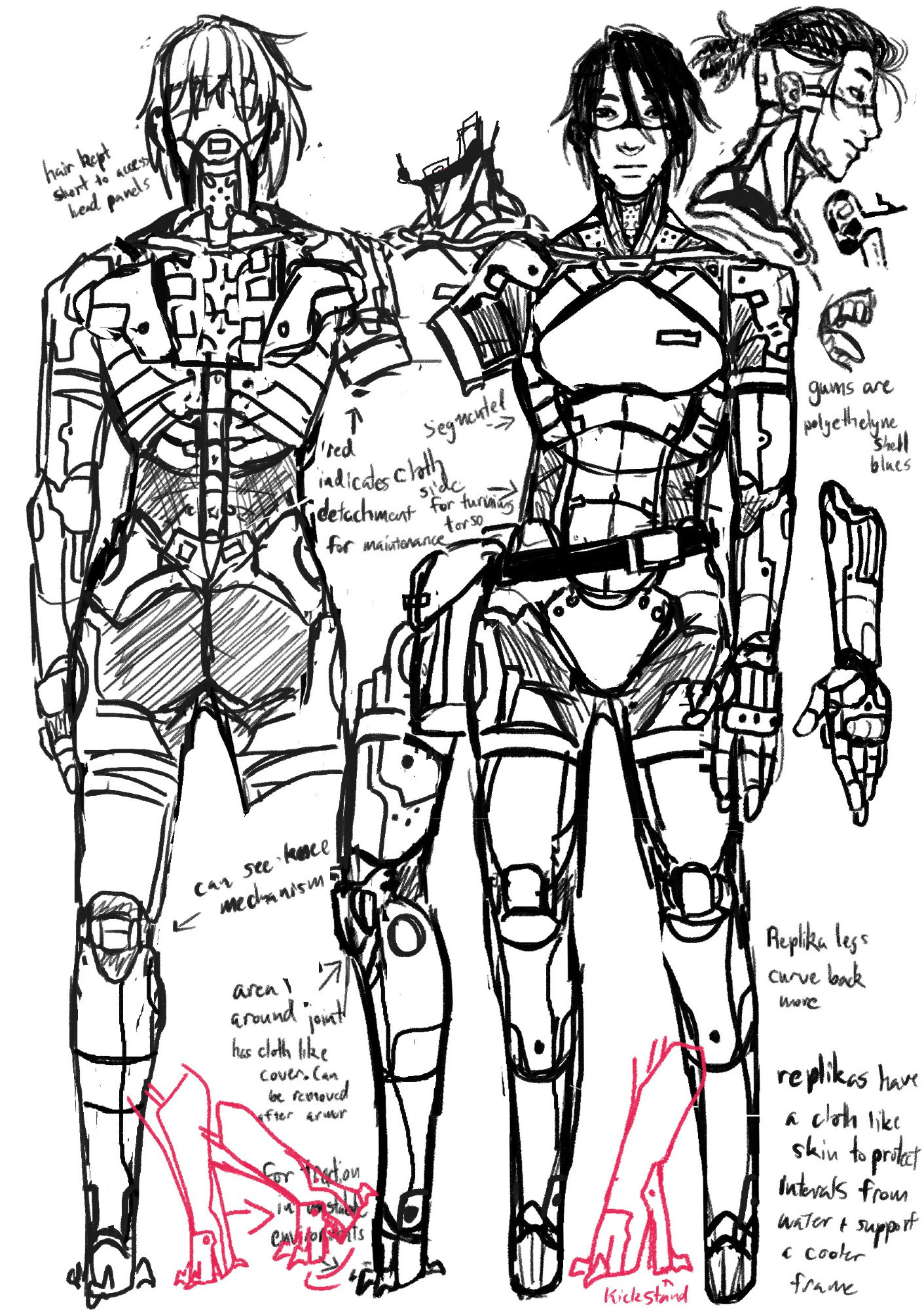 Two full body sketches and a headshot of Elster with some notes and more detailed zoom ins on the side.