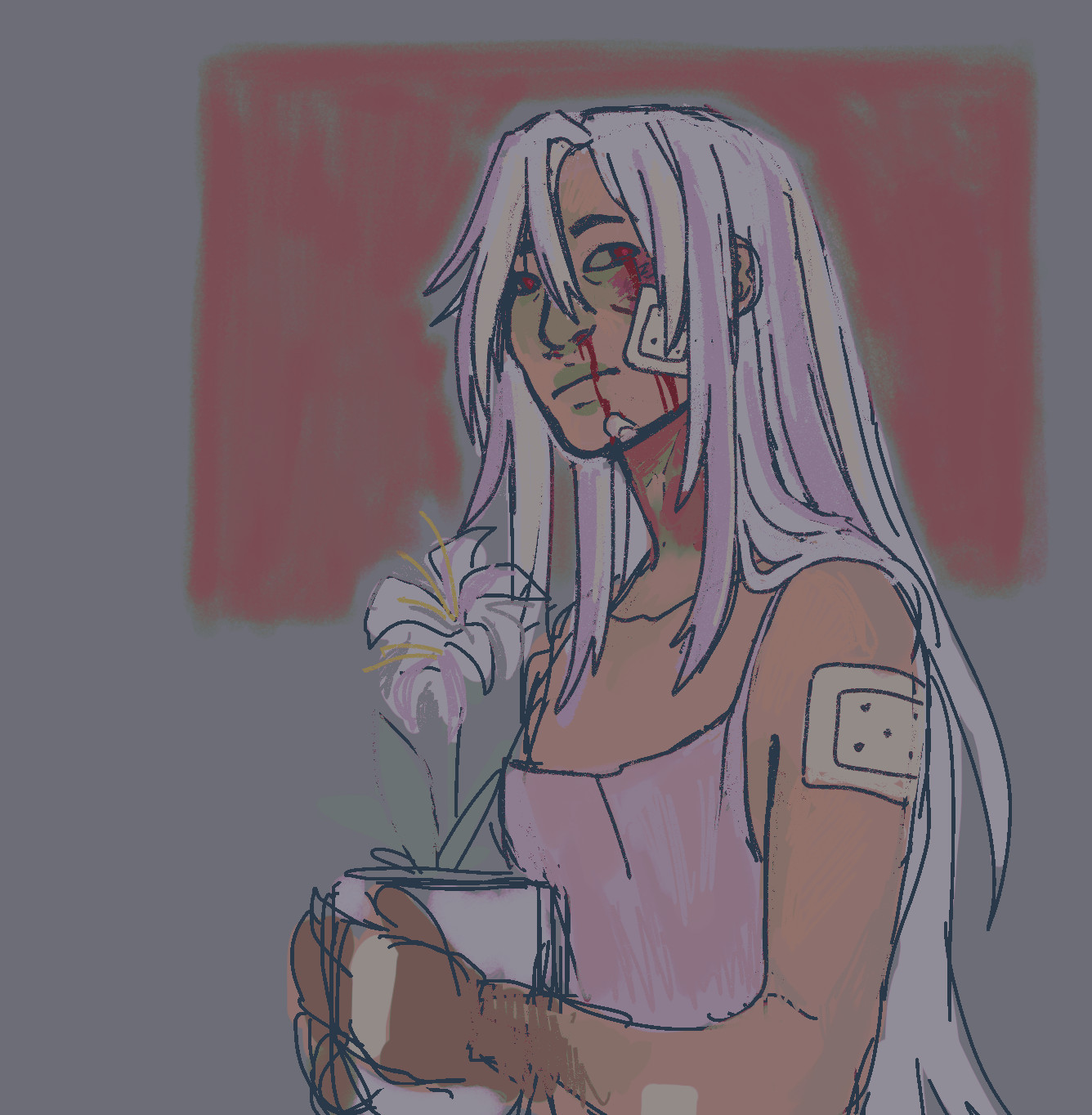 A waist up rough painting of Ariane with long hair holding a pot of white lilies. 