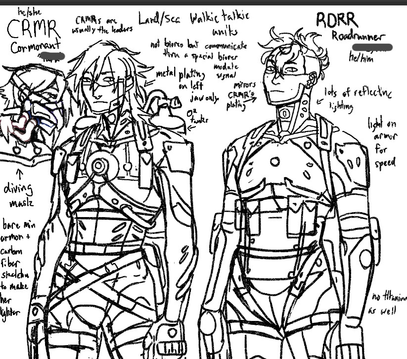 Two waist up drawings of fan made replikas with notes