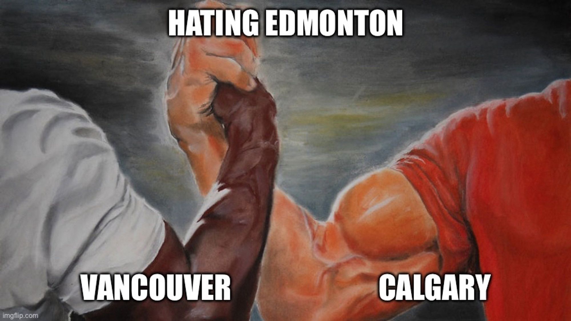 Strong Arms meme: Hating Edmonton on top; Vancouver and Calgary below for each arm. Reference to the bitter rivalry entrenched between Vancouver and Edmonton in the 2024 NHL Stanley Cup playoffs, adding to an existing rivalry between Calgary and Edmonton  in almost all things.