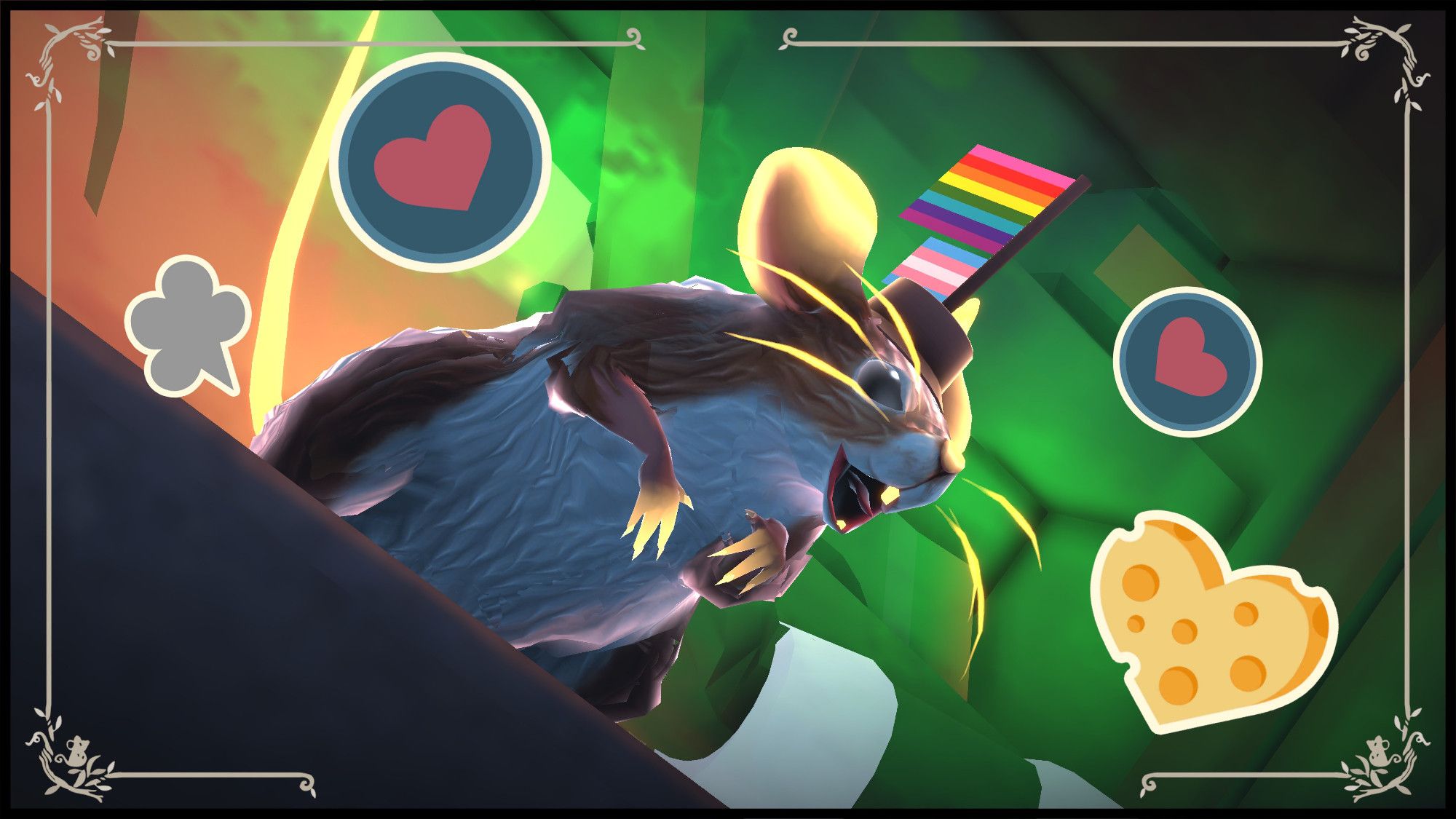 Screenshot from The Spirit and the Mouse.

A gay rat, wearing a tiny hat that holds a rainbow flag and a trans flag, farts with gleeful menace.

I'd put the game itself just a few notches below Gex, but the gay rat content is on point.