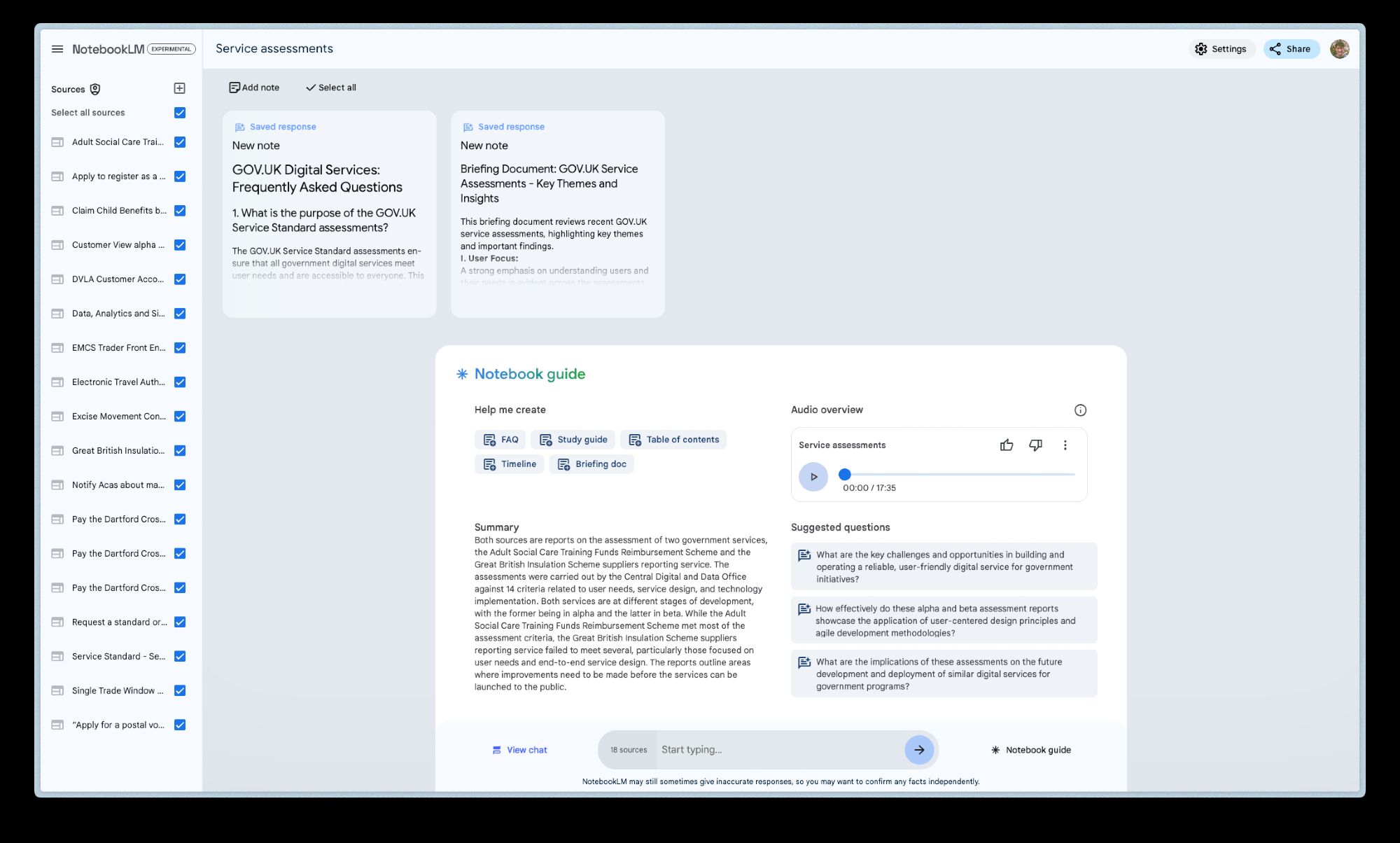 A NotebookLM interface with a notebook guide, showing audio overview, suggested questions and a summary of the source documents (which are listed on the left)